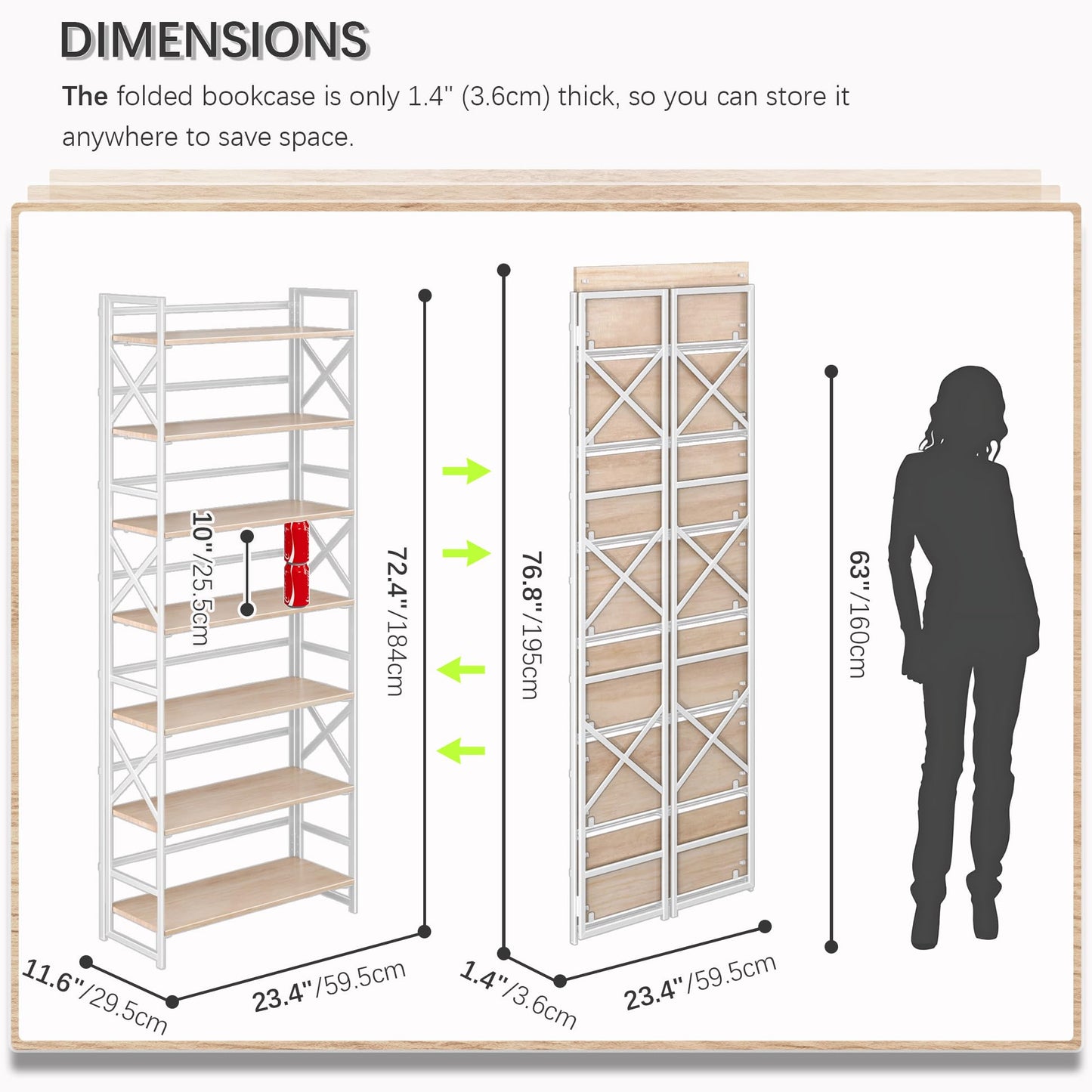 4NM 7 Tiers No Assembly Book Shelves, 72.4" H Folding Bookshelf Bookcase Open Industrial Foldable Shelves for Bedroom, Living Room, Home Office - Natural White