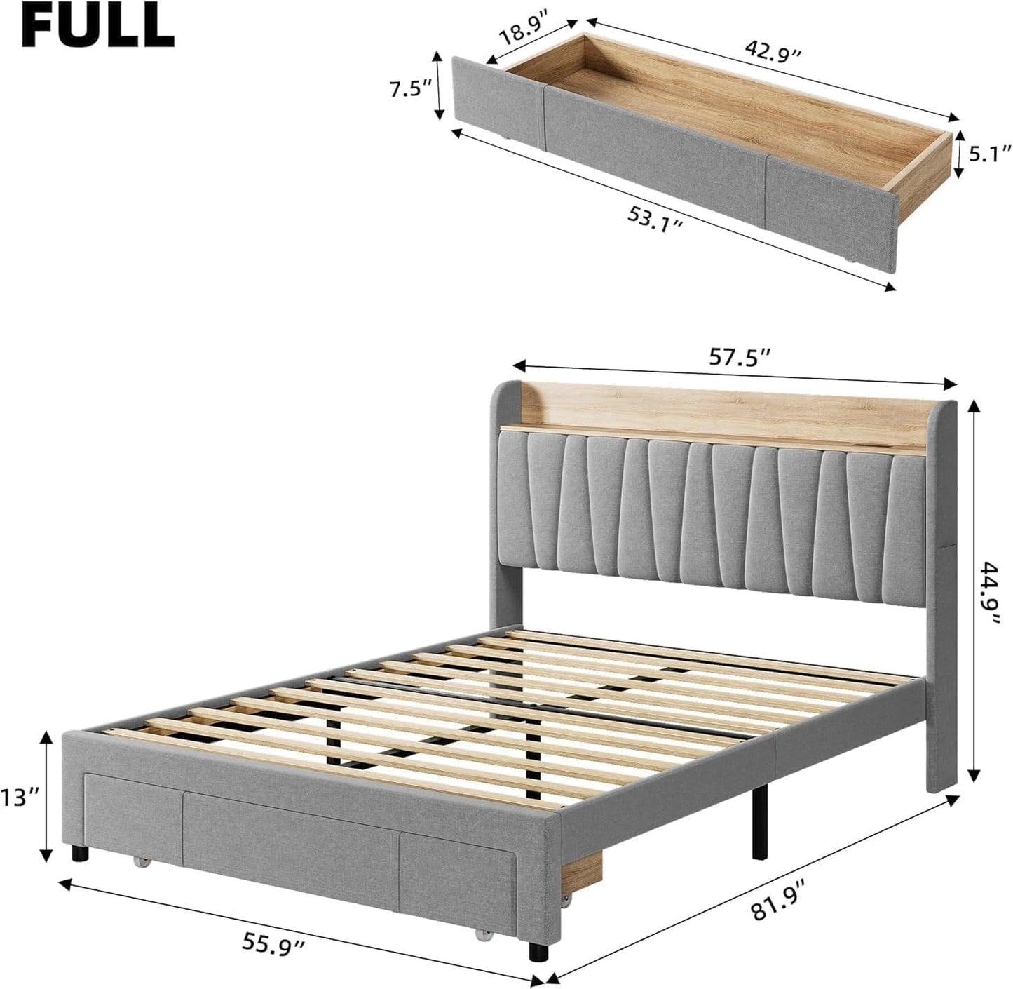 Jojoka Full Size Bed Frame, Upholstered Bedframe with Storage Headboard, Heavy Duty Full Bed with Drawers, Platform Base with Charging Station, Grey
