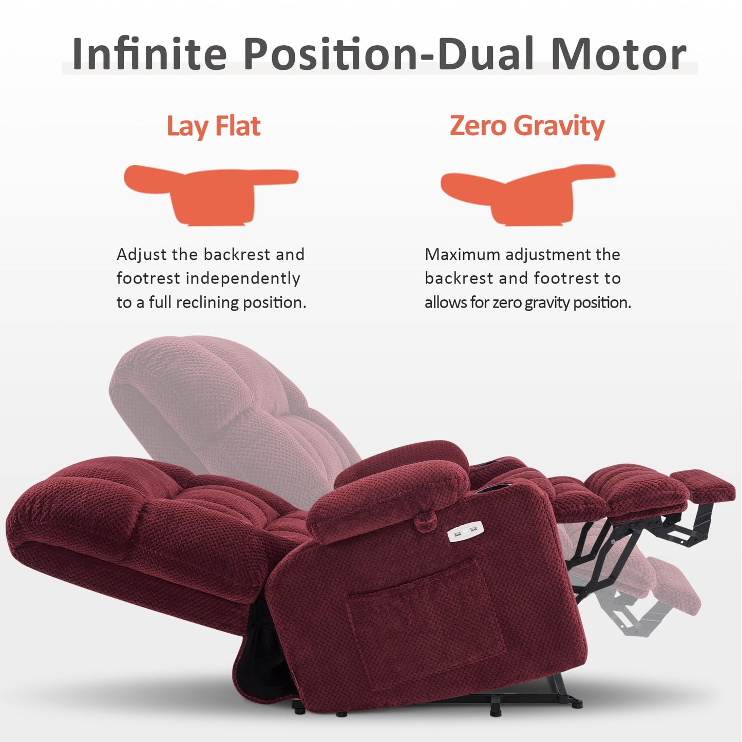MCombo Oversized Power Lift Recliner Chair for Elderly, Dual Motor Lift Chair with Heat and Massage, Lay Flat Lift Chair for Big and Tall, Cup Holders, Fabric R7891 (Oversize, Burgundy)