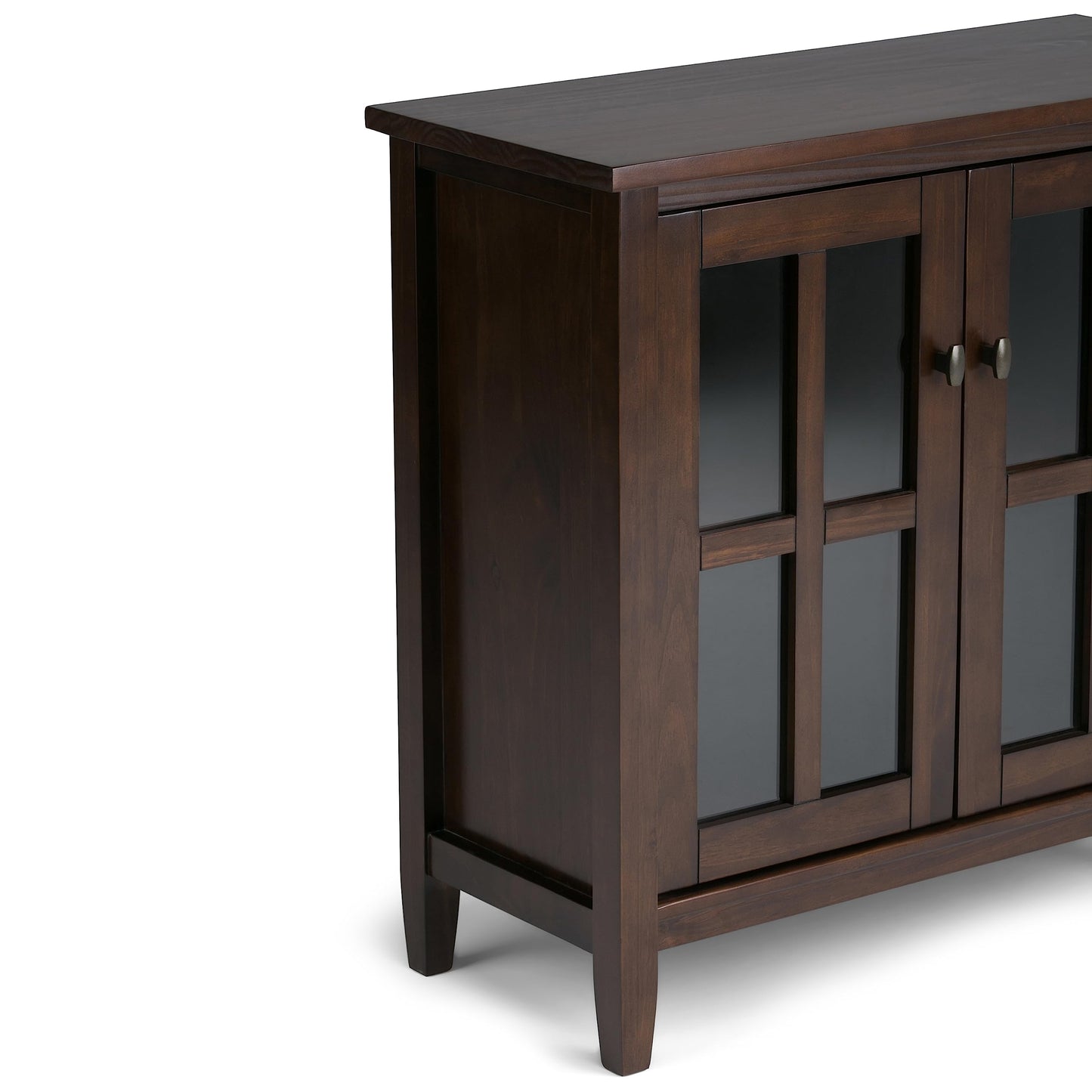 SIMPLIHOME Warm Shaker Storage Cabinet - 32 inch Wide Solid Wood 2-Shelf Low Storage Cabinet in Brunette Brown, Transitional Accent Cabinet for Entryway with Tempered Glass Doors and Shelves