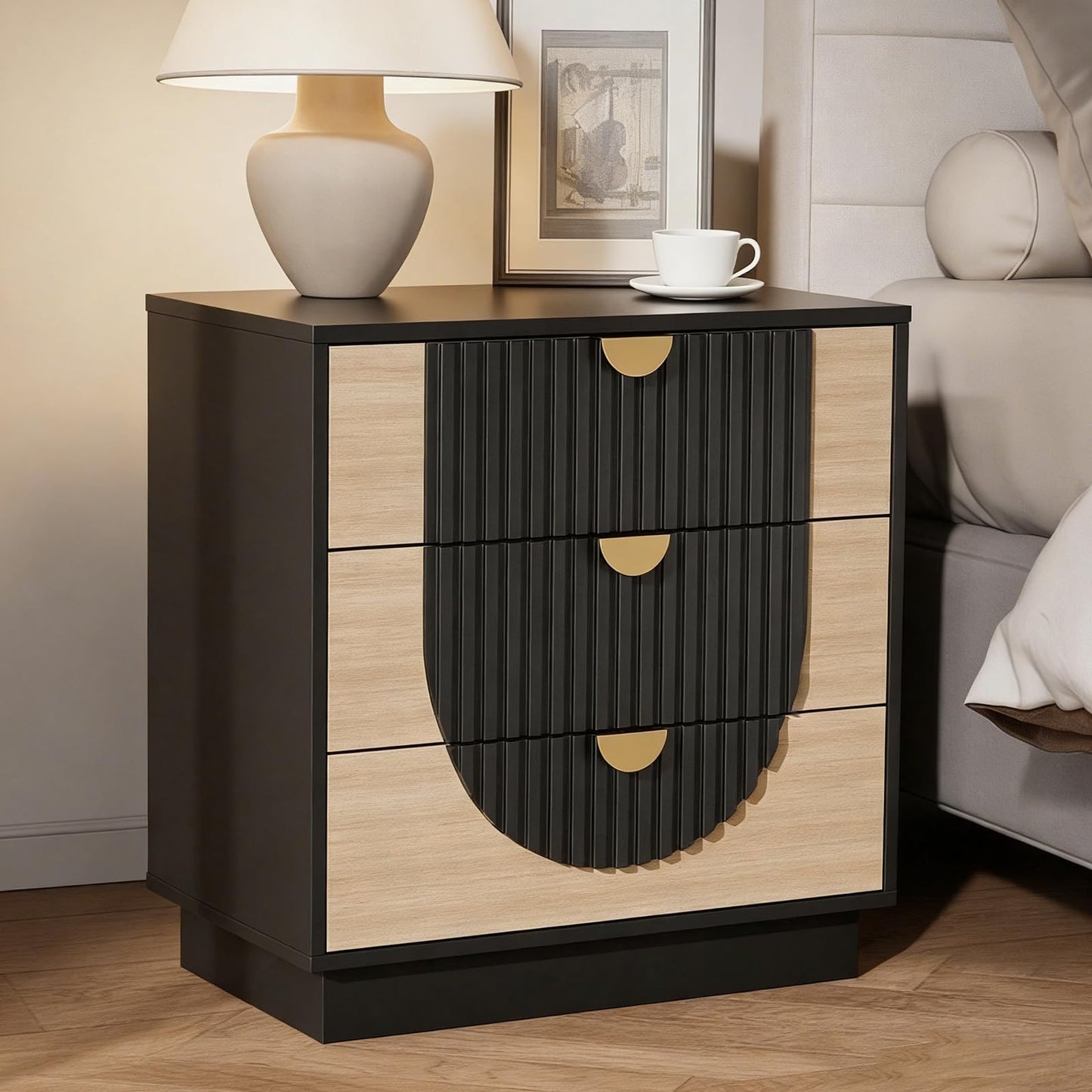 LegacyAmerhome 3 Drawer Nightstand with Charging Station,28" Fluted Night Stand & Modern Bedside Table, Wood End Table Storage Cabinet for Bedroom Hallway, Entryway,Black