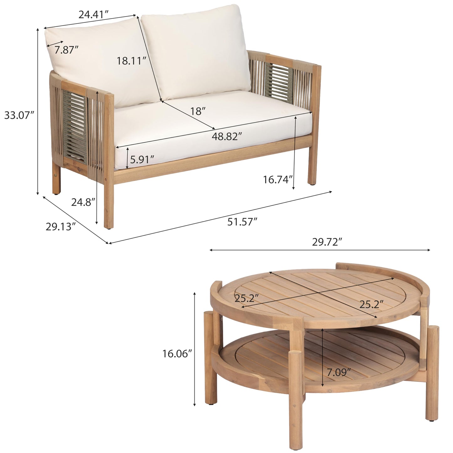 Christopher Knight Home Outdoor Acacia Wood Loveseat with Coffee Table, Acacia Wood Patio Furniture, Outdoor Conversation Sofa Set, Patio Sectional Chat Set for Backyard Balcony, Teak+ Beige