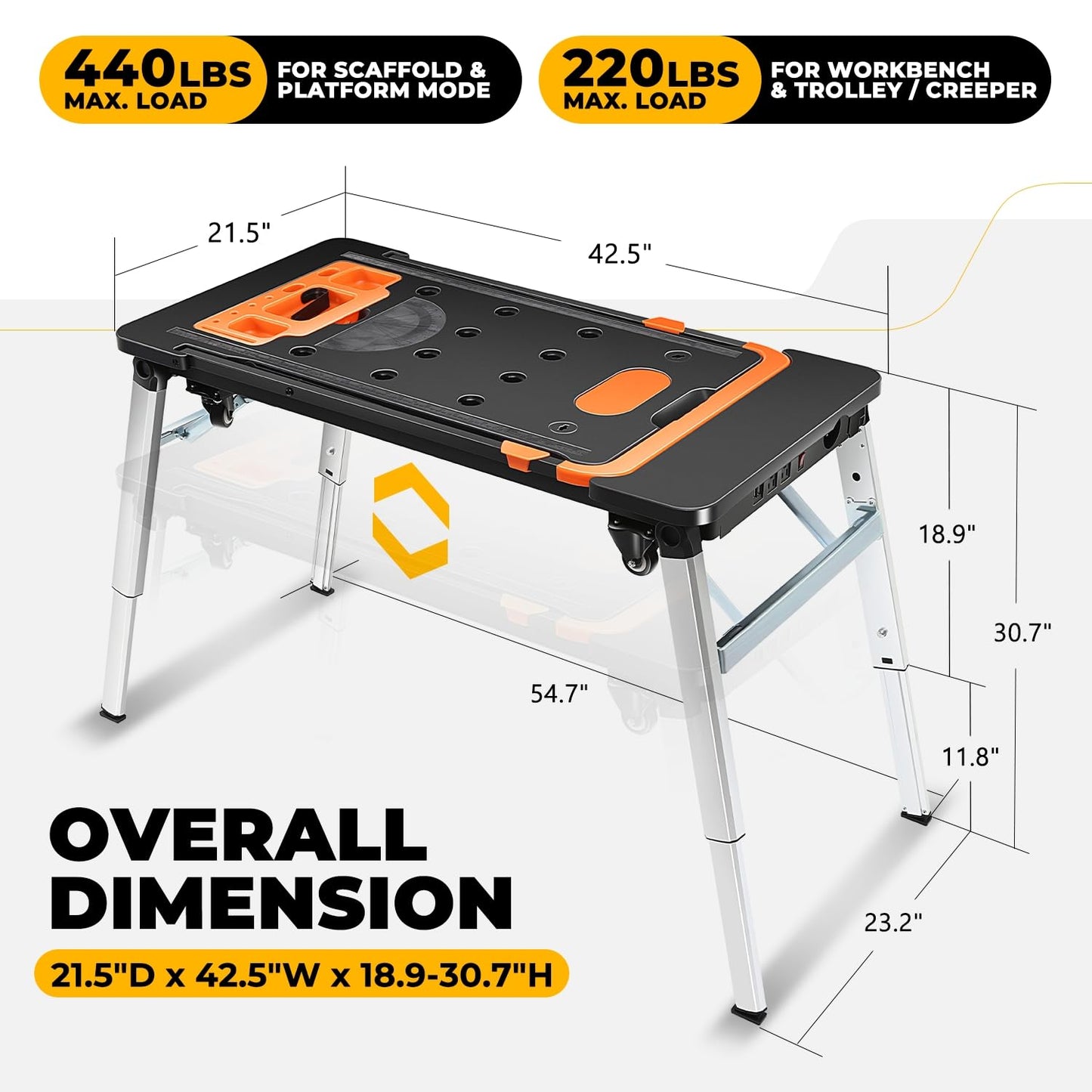 Auto Dynasty 7-in-1 Folding Workbench Portable Table Car Creeper with 4 Wheels for DIY Station, Garage, Repair Shop, as Dolly, Scaffold, Platform, Sawhorse, and Hand Truck, Height Adjustable 440 lbs
