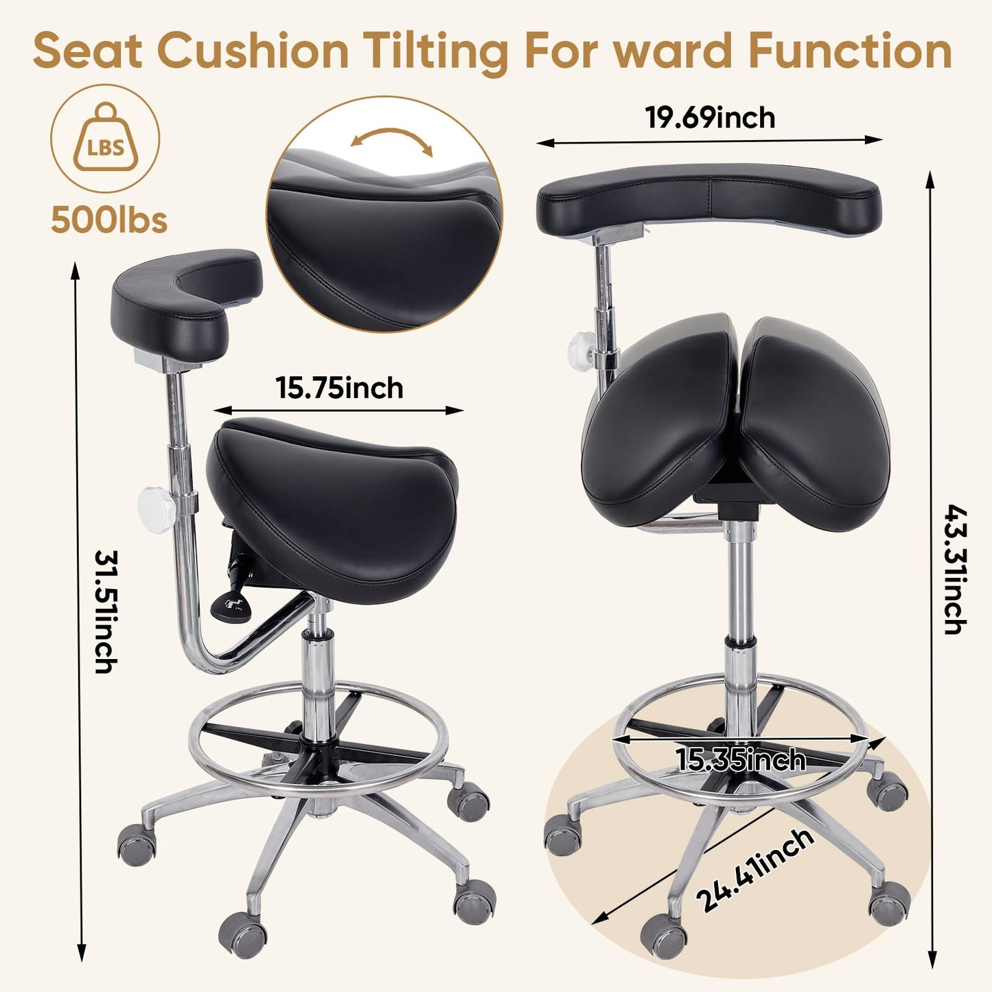 LIMKOMES Round Rolling Stool&Split Seats and Footrest Dental Chair with Rotatable Armrests for Dentist Office Shop Home