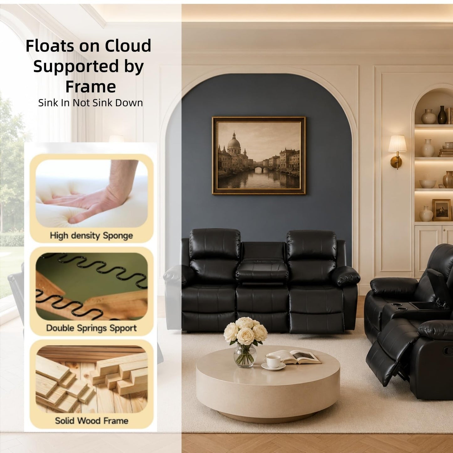 Trygoal Modern Recliner Sofa Set of 3, Semi PU And PVC Living Room Set with 120° Deep Recline & Sleeping Position, Cozy Motion Couch with Loveseat Storage & Cup Holders, Retro Vintage Furniture, Black
