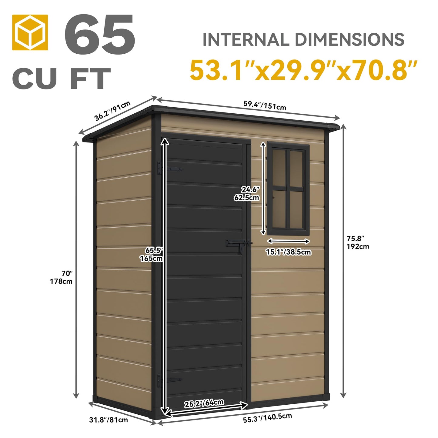 DWVO 5x3ft Resin Outdoor Storage Shed with Floor, Waterproof Lockable Storage Shed with Window, Plastic Outside Tool Storage for Garden, Backyard, Patio, Lawn, Brown