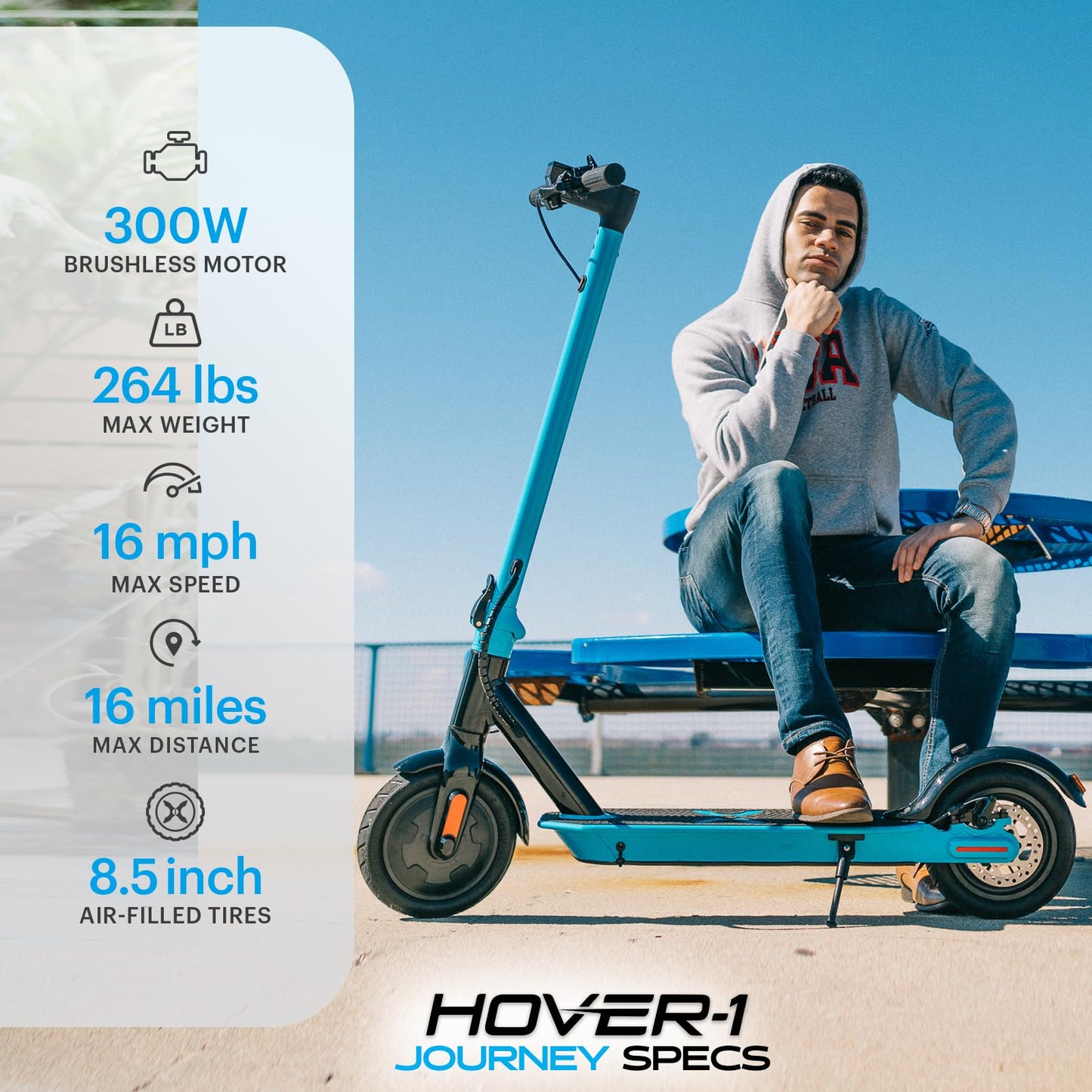 Hover-1 Journey Folding Electric Scooter | 15 MPH, 16 Mile Range, 5HR Charge, LCD Display, 8.5 Inch High-Grip Tires, 264LB Max Weight, Certified & Tested - Safe E Scooter for Kids, Teens & Adults