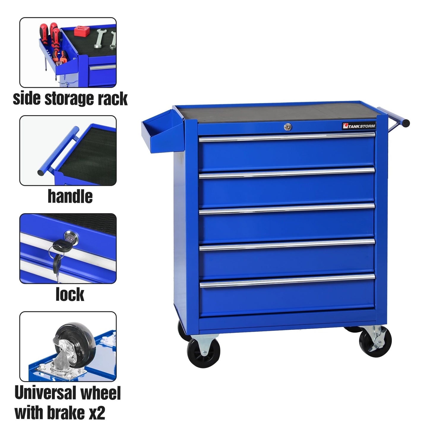 TANKSTORM 5-Drawer Rolling Tool Chest with Wheels, Heavy Duty Metal Tool Cabinet with Lock, Rolling Tool Box Organizer for Garage, Workshop, Repair Shop, Blue