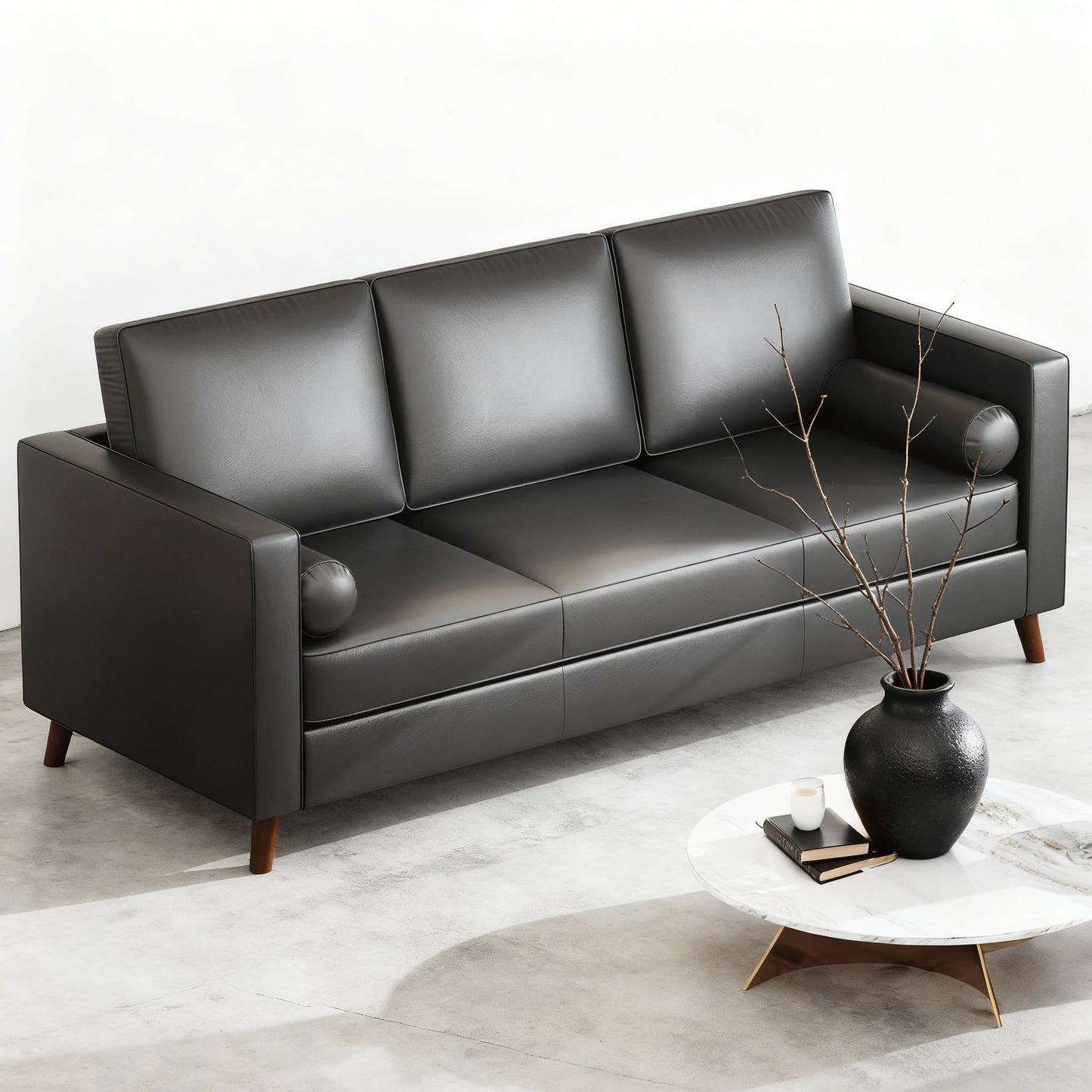 GAOMON 86" Leather Sofa, Mid-Century Modern Couch, Faux Leather Couch with Deep Seats, 3-Seat Sofa for Living Room, Office, Black