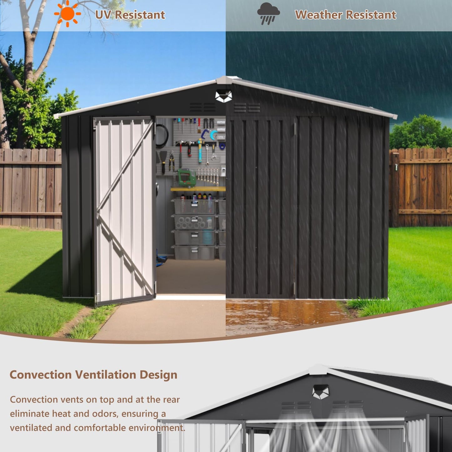 Softkiss 10x8 FT Outdoor Storage Shed, Metal Garden Shed - Tool Storage Sheds with Lockable Doors & 1 Clear Window, Waterproof Outside Storage Building for Backyard, Patio (Black; Floor Not Included)