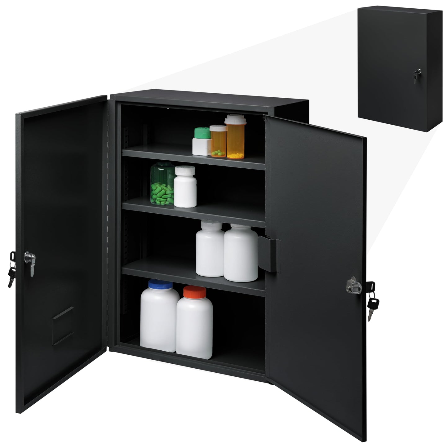 Durabox 2-Door Narcotics Cabinet - Double Door & Dual Key Lock Steel Cabinet for Safe Storage of Medicine, Prescription Drugs, Medical Supplies and More, 16"W x 24"H x 7-3/4"D (Black, Large)