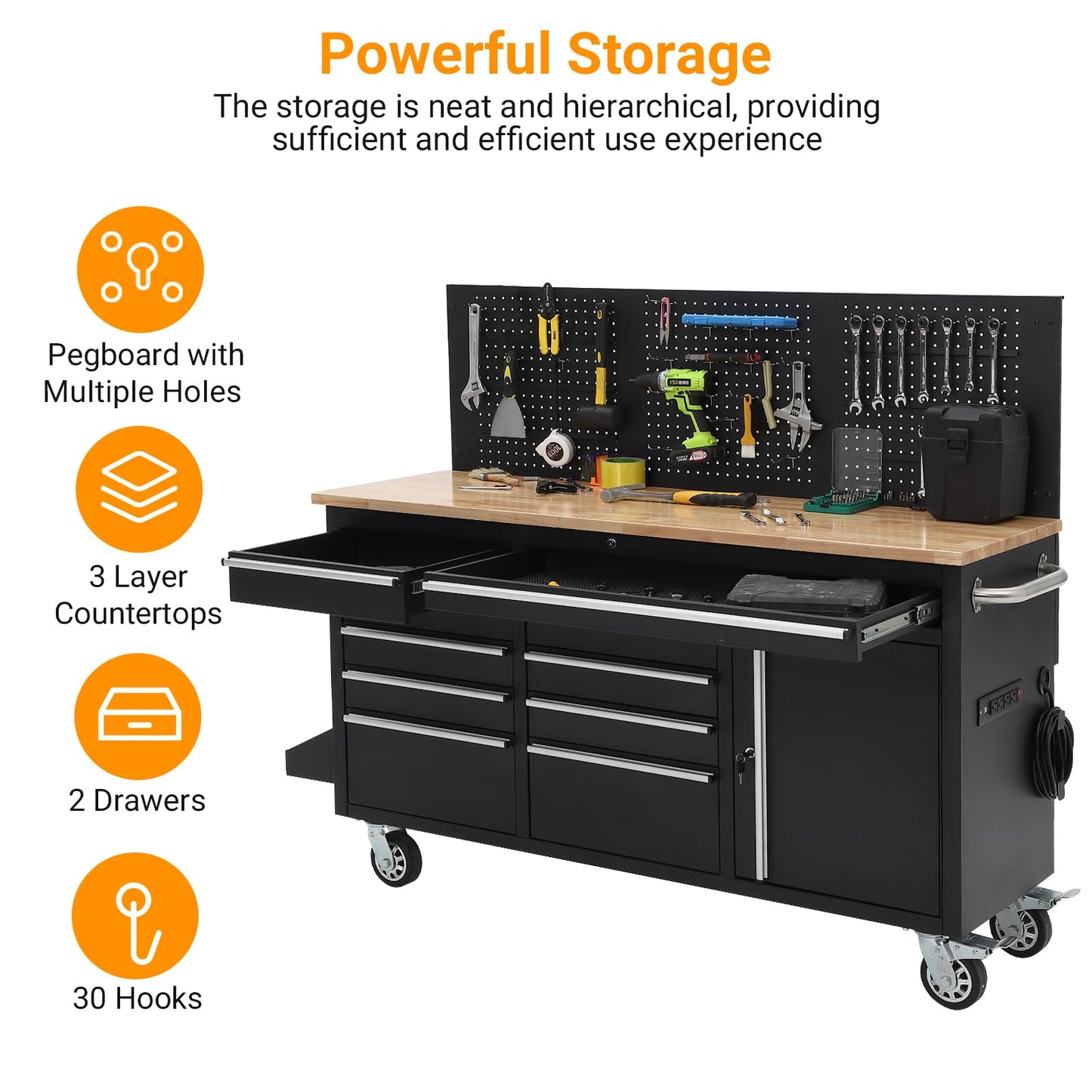 IDEALHOUSE 61-inch Rolling Tool Chest, 10 Drawers Garage Workbench Storage Tool Cabinet with Power Strip, Solid Rubber Wood Top, 1675 LBS Load Mobile Workstation, Heavy Duty Rolling Cabinet, Black