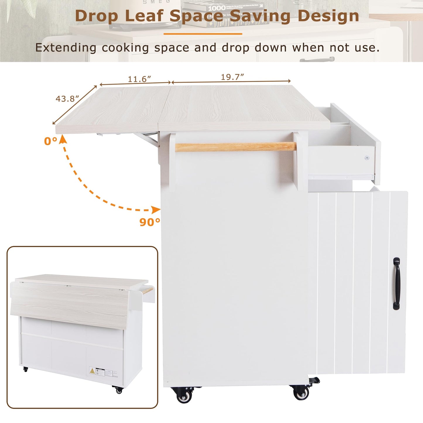 Ball & Cast Kitchen Island with Trash Can Storage Cabinet,Kitchen Cart W/Drop Leaf,Spice Rack,Towel Rack and Drawers,Rolling Kitchen Islands on Wheels W/Adjustable Shelf for Dining Room,White Oak
