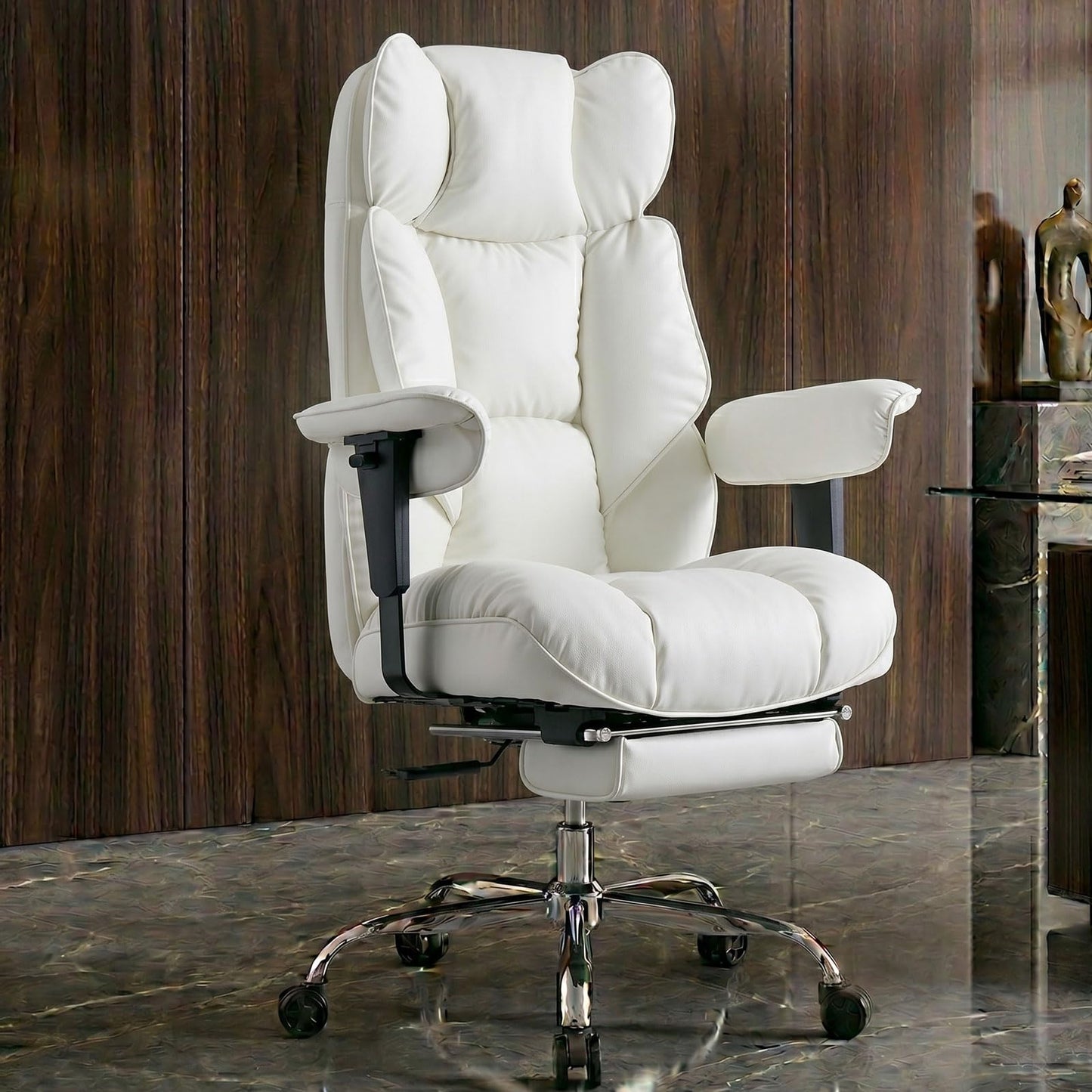 Efomao Big and Tall Office Chair 400lbs - Heavy Duty Reclining Desk Chair with Footrest, Spacious High Back PU Leather Executive Chair, Double-Layer Spring Support, White