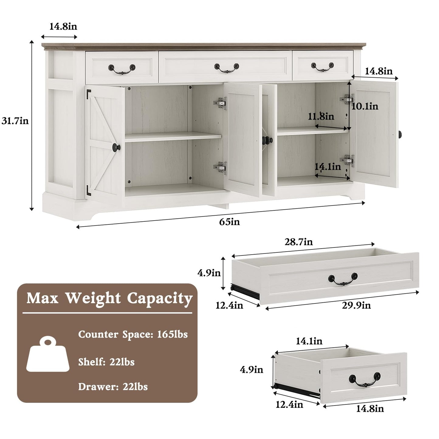 Vipbear 65" Large Sideboard Buffet Cabinet with Storage, Farmhouse Buffet Table Wine Coffee Bar Kitchen Storage Cabinet with 3 Drawers 4 Doors for Living Room, Kitchen, Dining Room, White