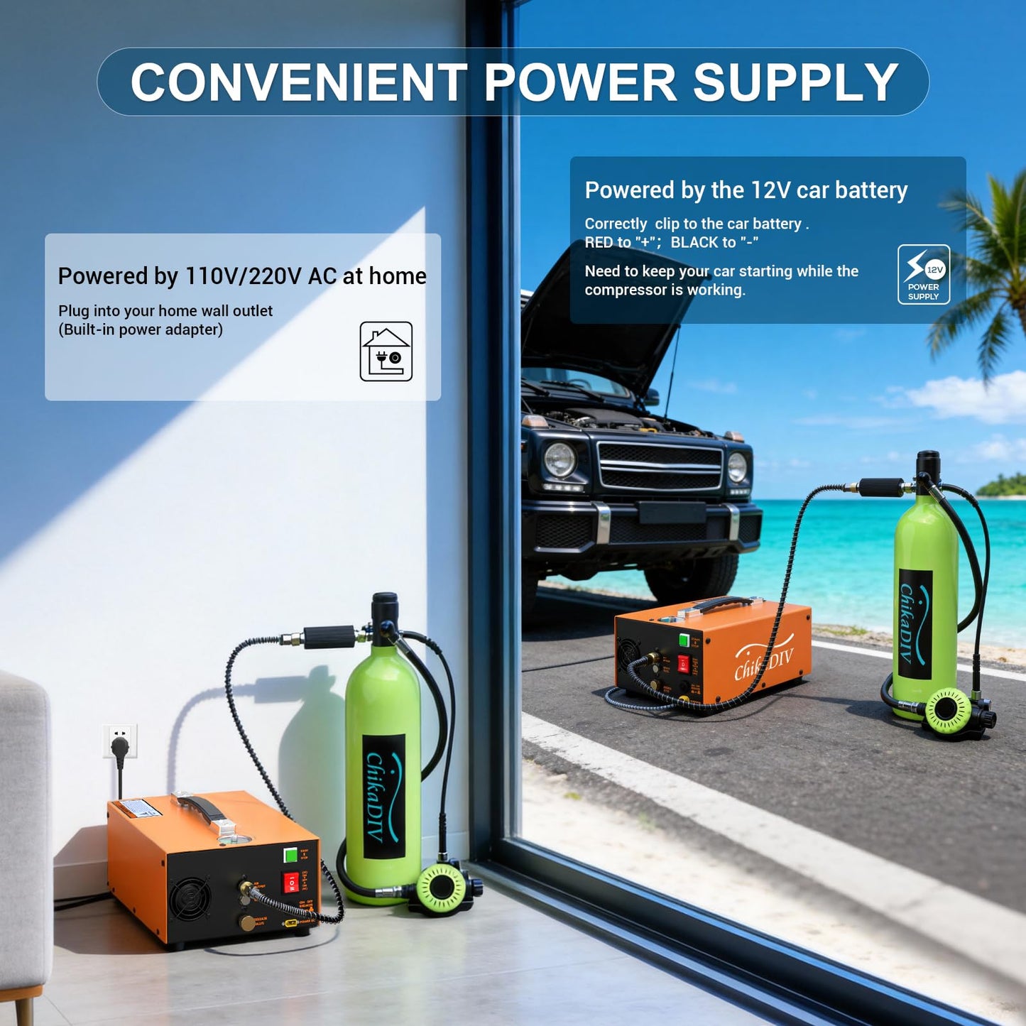 CHIKADIV PCP Air Compressor 4500Psi, Fast Fill for Airguns or Paintball Tank, PCP air pump Auto Shut-Stop, Dual Power Dual Power 12V DC &110V/220V AC,350W Air Compressor for scuba tank