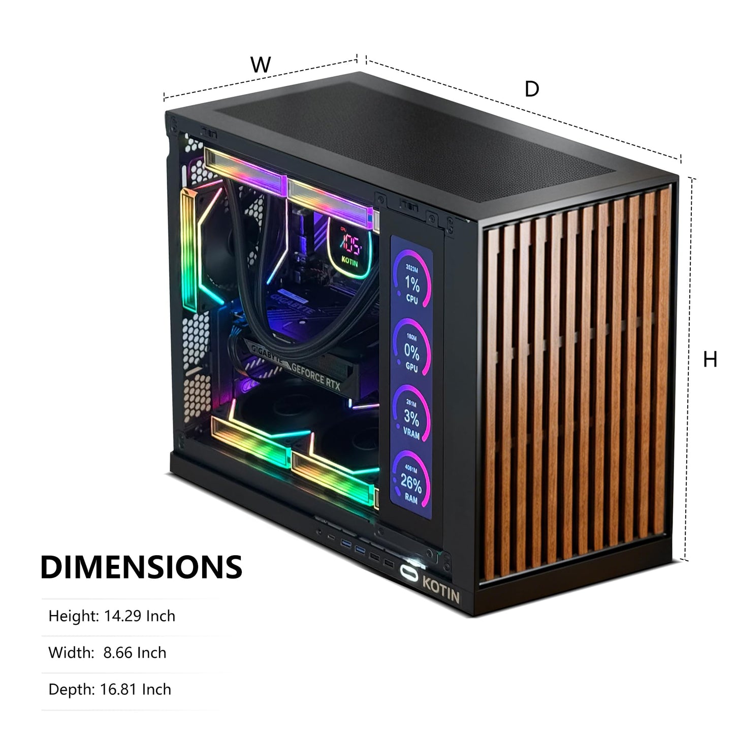 KOTIN Prebuilt Gaming PC Desktop Computer, Ryzen 7 9700X, GeForce RTX 5060 8GB, 32GB DDR5 6000MHz, 1TB PCIe 4.0 SSD, 11.3" Display, 360mm Liquid Cooler, WiFi 7, Windows 11 Home, ARGB Gaming Tower G60B
