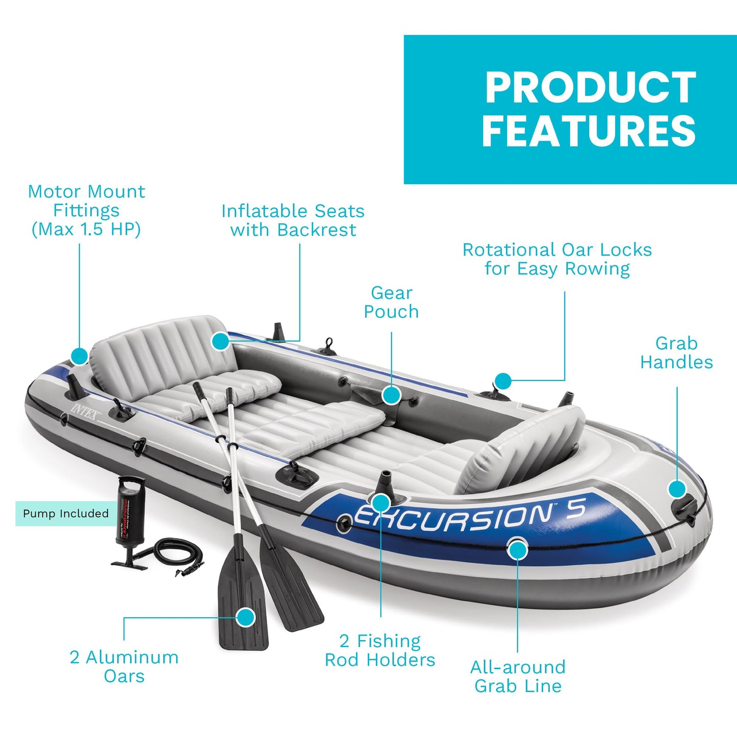 Intex Excursion 5 Person Inflatable Boat, Water Fishing River Raft Set w/ Oars - Large 1,300 Lb Capacity Portable Blow-Up 5 Seater Raft for Adults