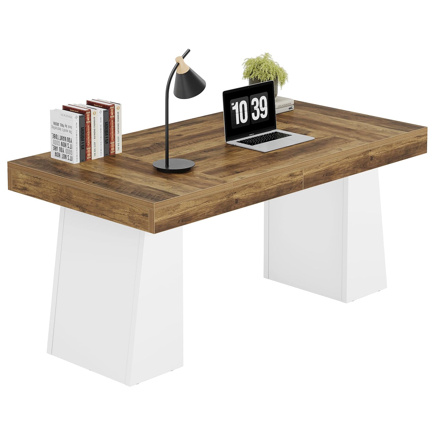 Tribesigns 55" Executive Desk, Wooden Office Desk with Double Pedestal, Modern Simple Computer Writing Table for Home Office, Brown & White