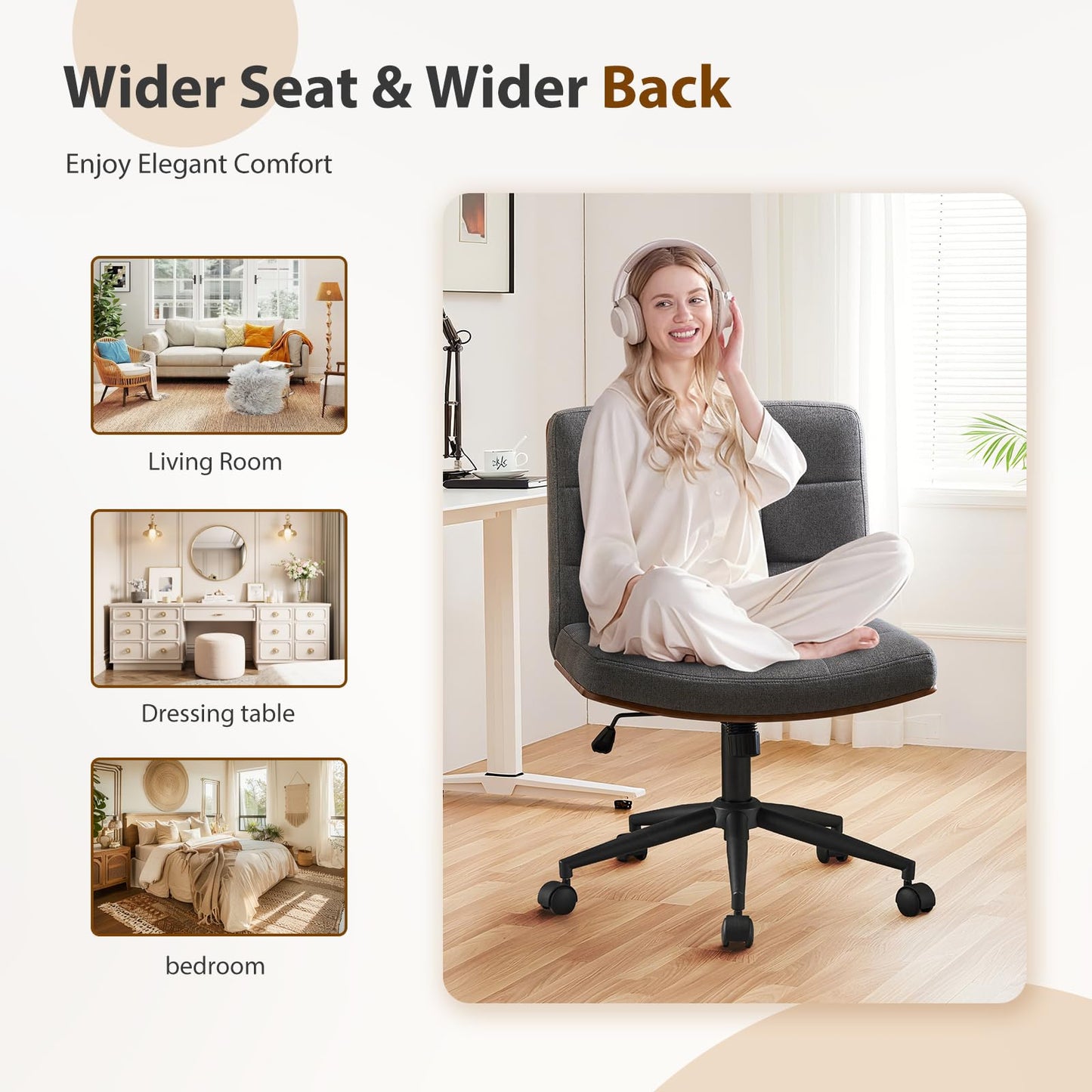 Furnimart Heavy-Duty FSC Wooden Wide Desk Chair, 360° Swivel Criss Cross Office Chair with Wheels, Comfy Cross Legged Sitting, Armless Rolling Chair for Bedroom, Office, Vanity(Linen Gray)