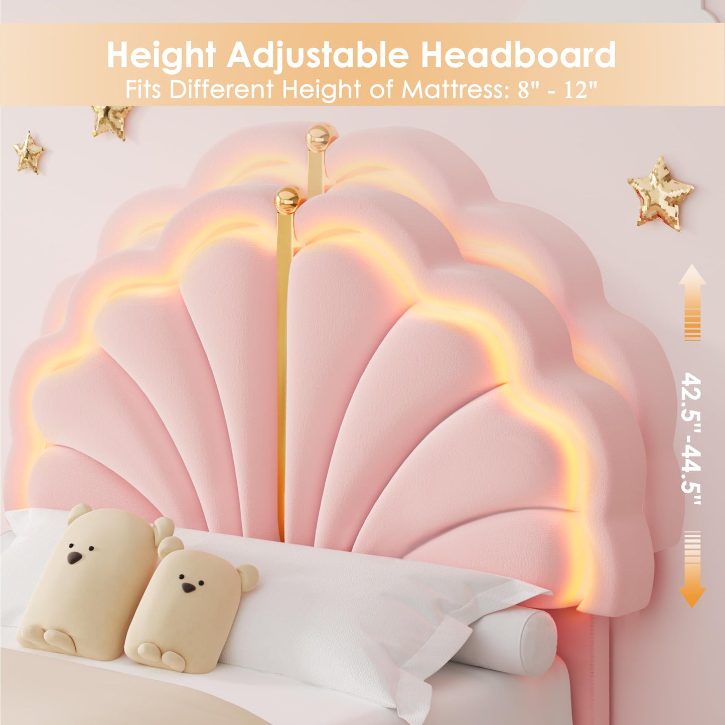 Keyluv Twin Princess Bed Frame with Storage Drawers, Soft Velvet Upholstered LED Platform Bed with Adjustable Cute Shell Headboard, No Box Spring Needed, Noise-Free, Pink