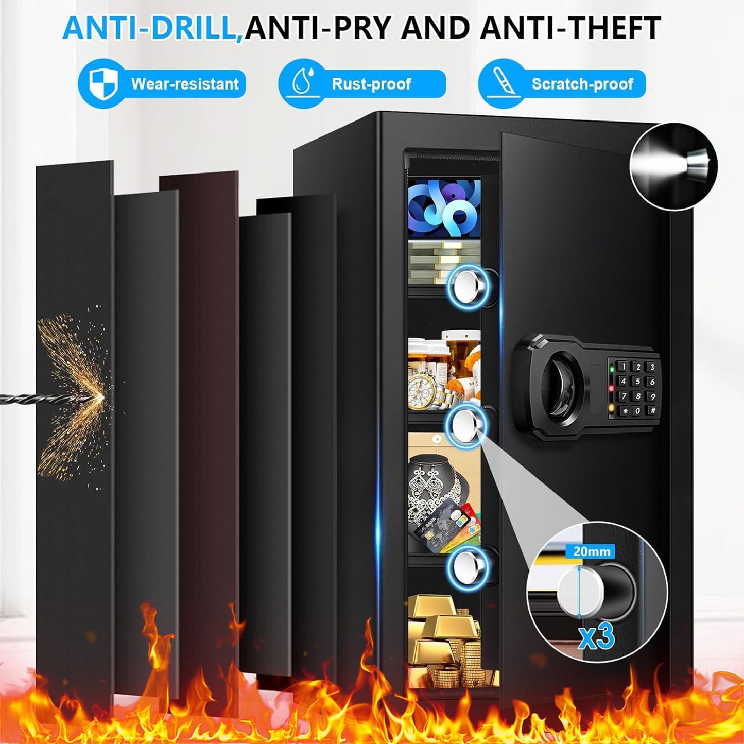 6.1 Cuft Extra Large Fire Safes for Home, Digital Fireproof Safe with Programmable Keypad, Spare Keys and 3 Removable Shelves, Anti-Theft Security Waterproof Document Safe Box for Money Valuables