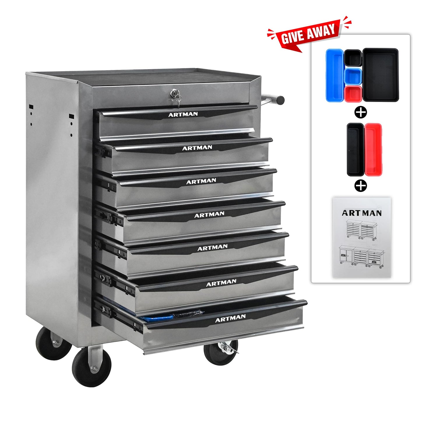 KEIKI Rolling Metal Tool Box with 7 Drawers, 20" Steel Tool Storage Box Organizer, 7 Drawer Tool Chest with Ball Bearing Drawer Slides, Silver
