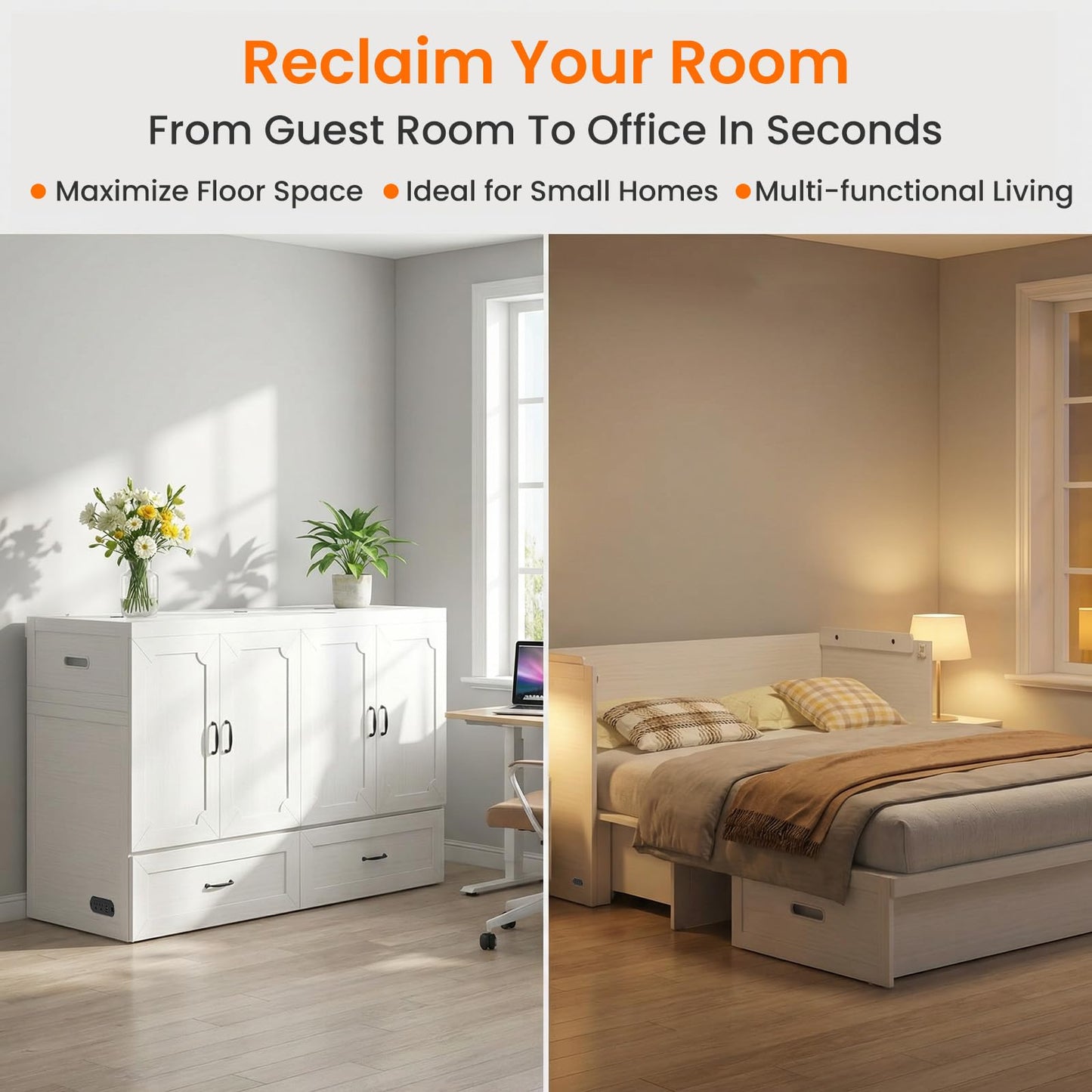CECER Queen Size Murphy Bed with Mattress Included，Murphy Cabinet Bed Queen with Charging Station ＆ Storage Drawer for Small Spaces/Guest Room（White）