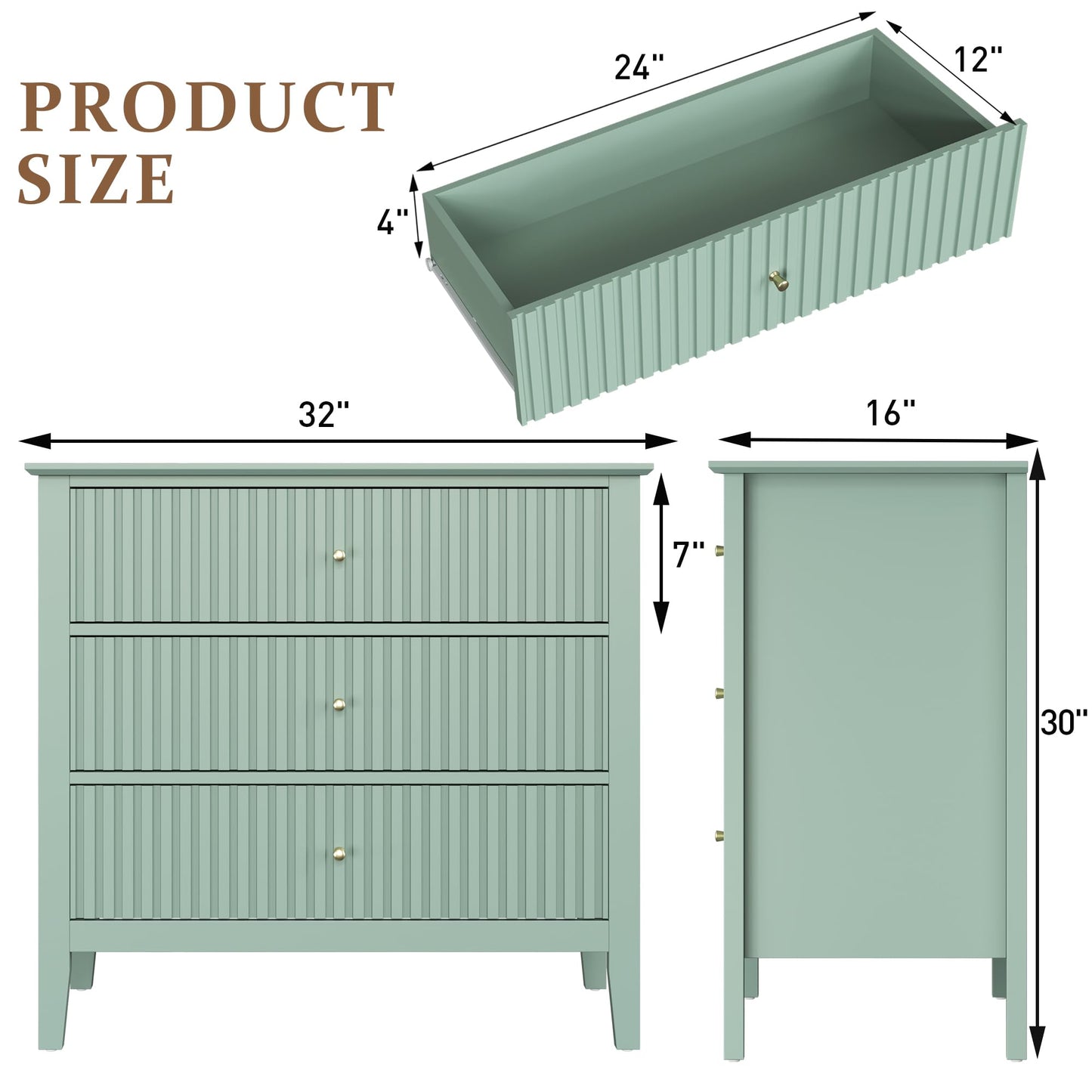 May in Color Sage Green Large 3-Section Set of 2, Painted 30 Inch Tall Wood Nightstand with Storage, Wide Modern Cabinet with Ball Bearing Slide for Hallway Living Room Entryway
