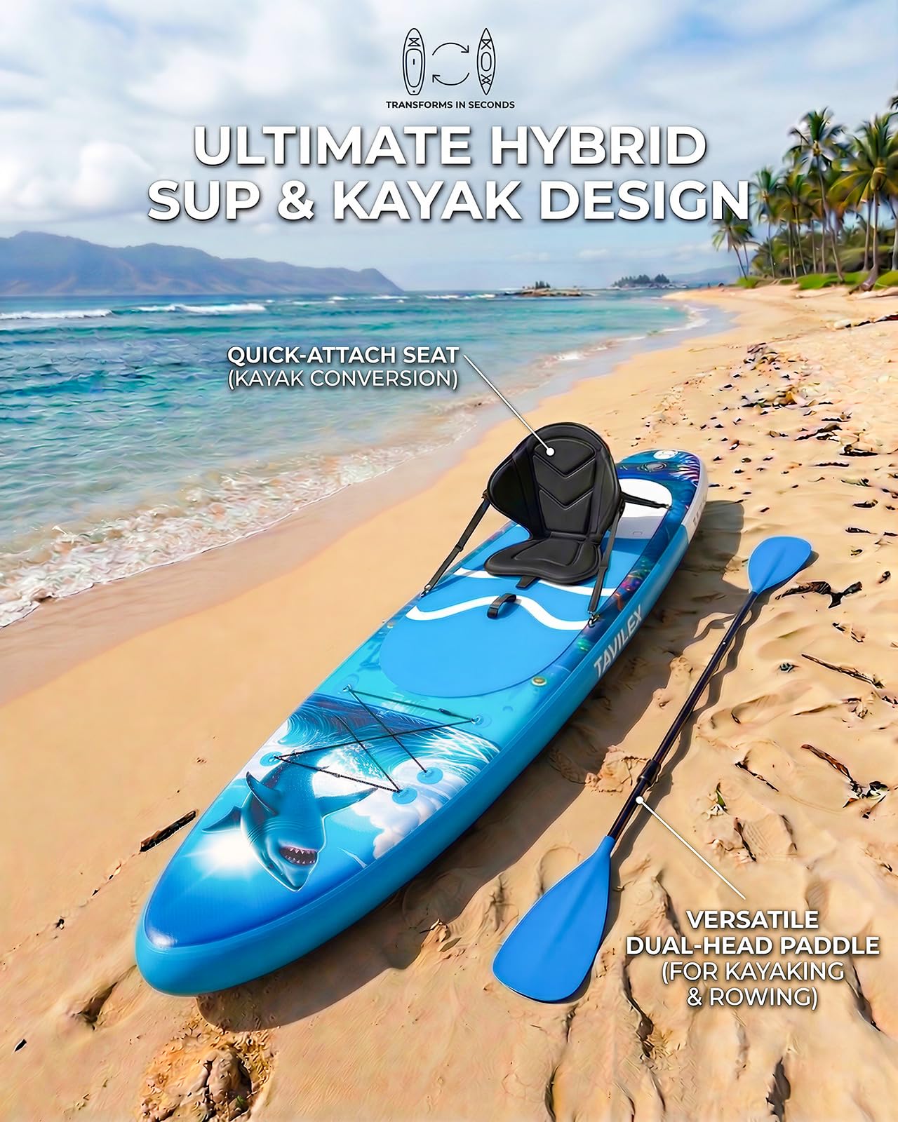 Tavilex Inflatable Stand Up Paddle Board with Seat, 11' x 33" x 6" Ultra-Wide 2-in-1 SUP Board for Adults & Youth, Stable Blow Up Paddleboard Kit with Dual-Blade Paddle (Shark Power)