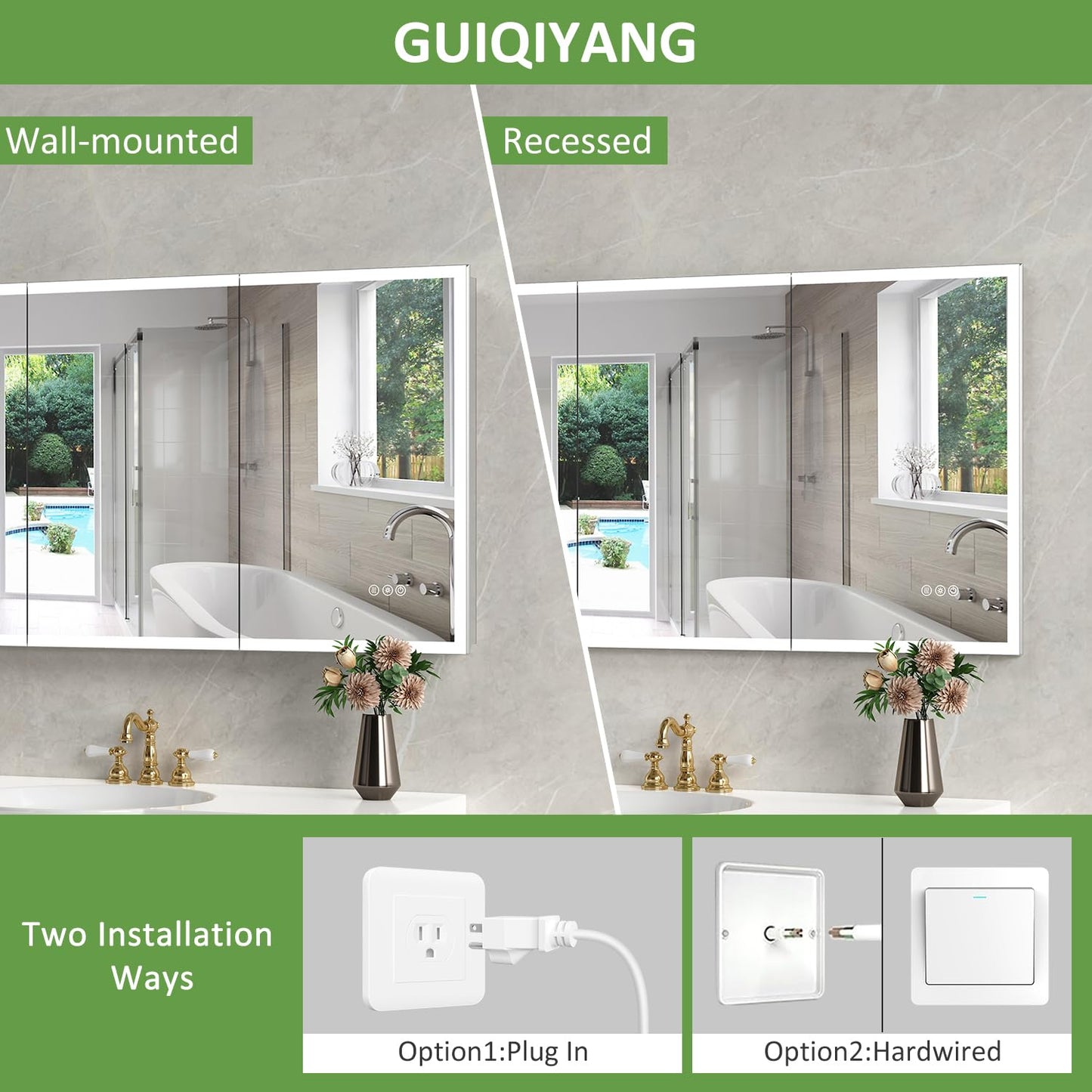 GUIQIYANG Medicine Cabinet with Lights, Bathroom LED Mirror Cabinet with Storage, Anti-Fog & 3 Color Lights, Recessed or Wall Mounted (60X32 in)