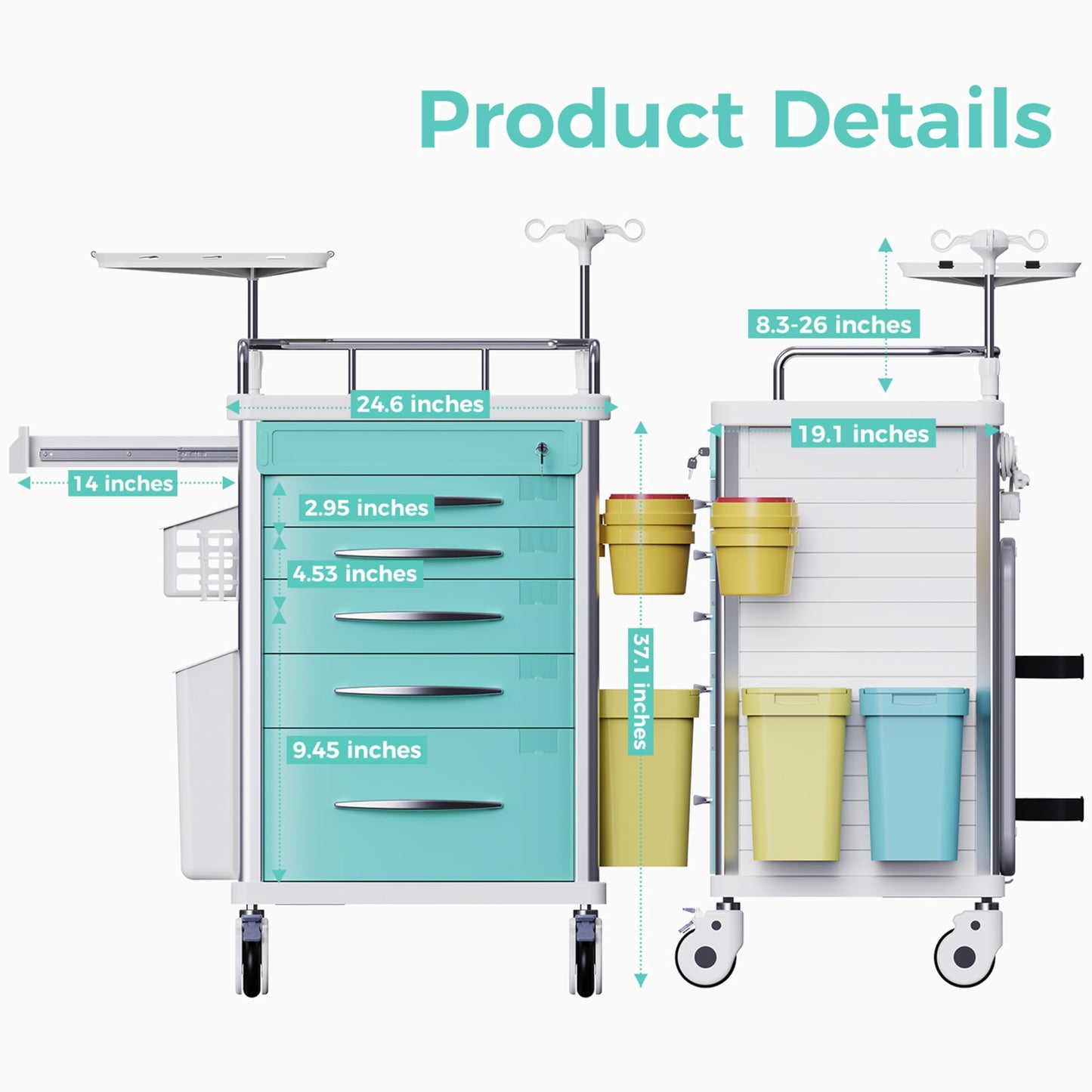 OLERN Rolling Crash Cart Medical with Drawers - Adjustable IV Pole, Silent Casters, Needle Disposal Holder, Trash Bin, O2 Holder, Utility Trolley Cart for Clinic, Hospital, Salon, Lab