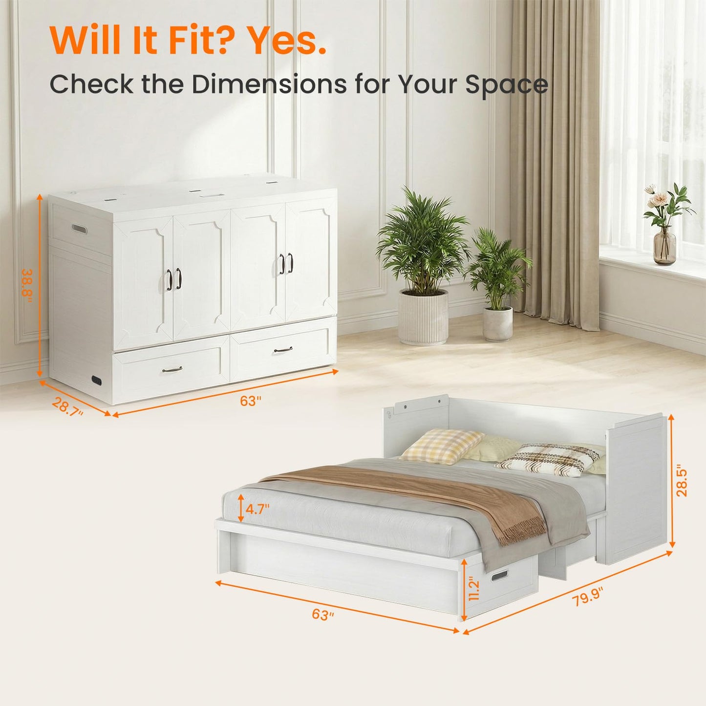 CECER Queen Size Murphy Bed with Mattress Included，Murphy Cabinet Bed Queen with Charging Station ＆ Storage Drawer for Small Spaces/Guest Room（White）