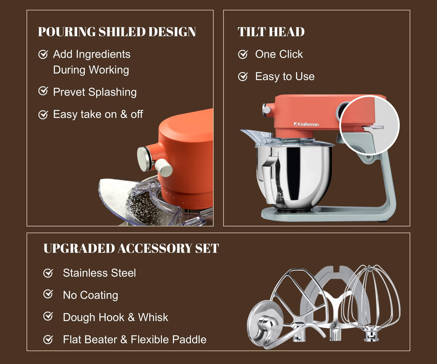 Kraftsman All-Metal Stand Mixer 5.3-Quart - Professional Kitchen Electric Food Mixer with Stainless Steel Mixing Bowl & Attachments for Baking, Dough & Cake, 8-Speed Control & Timer (Orange)