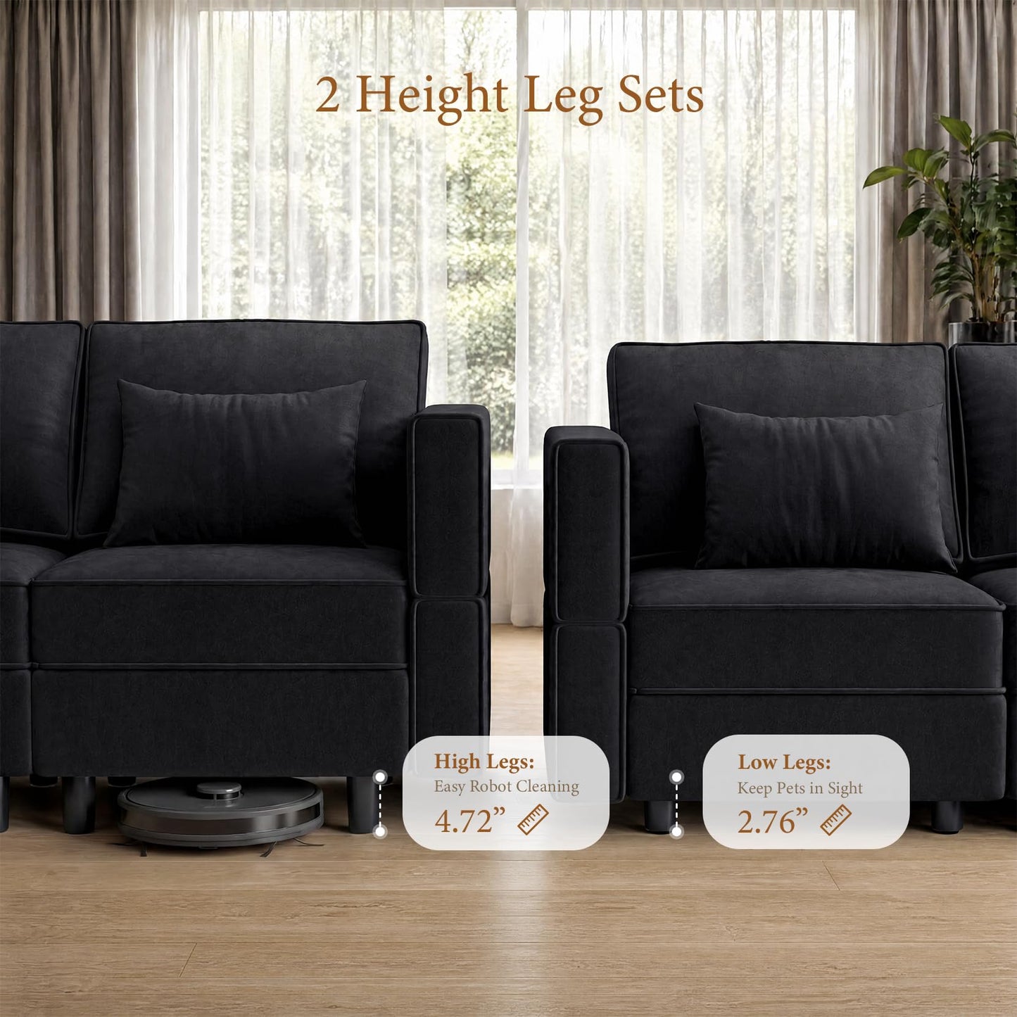 Vesgantti Modular Sectional Sofa with Storage, 92" Sofa Bed with 6 Seats Storage Chaises Removable Cover, Deep Seat Modular Couches Velvet Couch Set for Living Room, Apartment, Home Theater, Black
