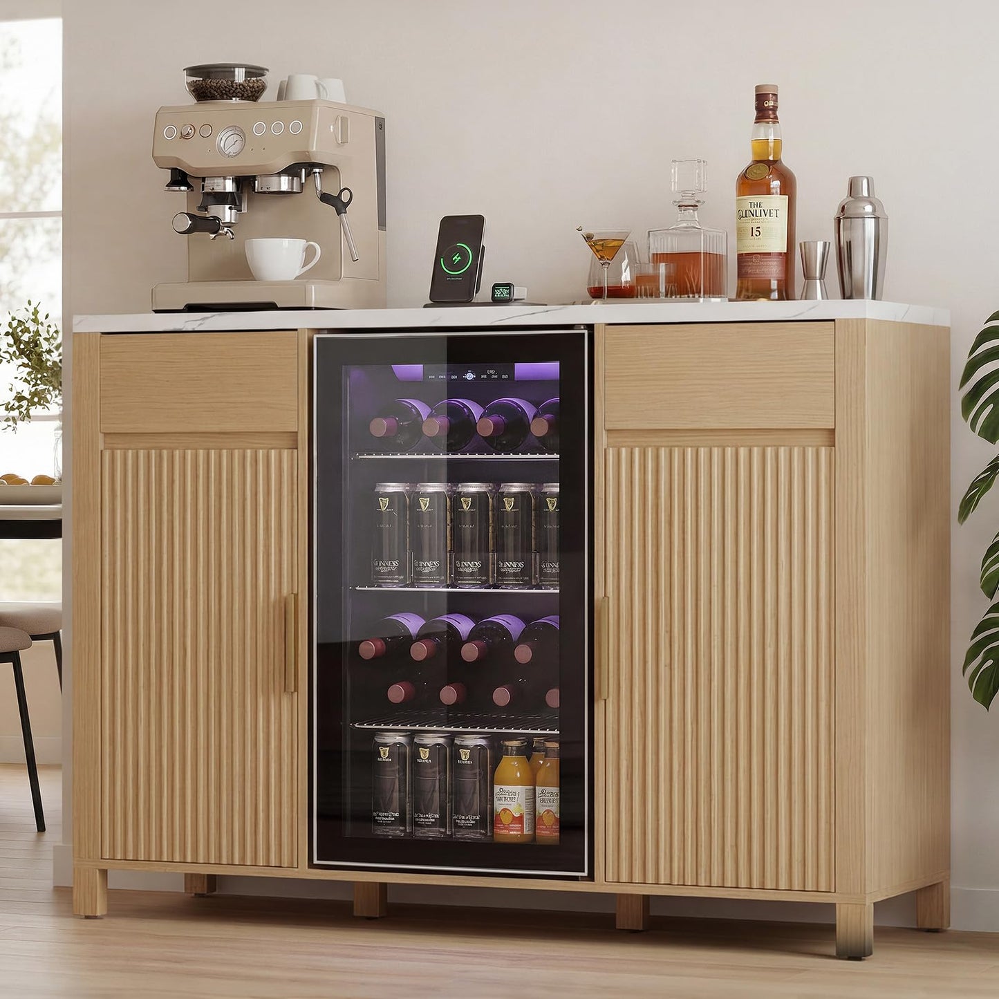 Garvee 53" Fluted Coffee Bar with Mini Fridge Space & Charging Station, Fits 19.7" Mini Fridge, Fridge Cabinet with Wine Storage, Buffet Sideboard with Wine Rack and Storage for Dining Room, Oak