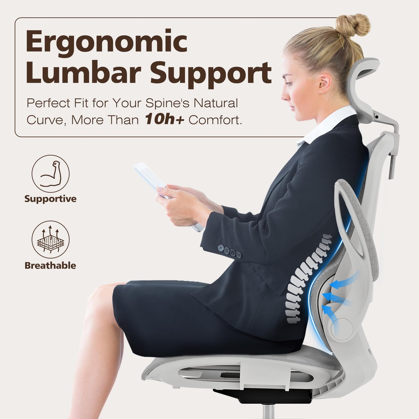 GABRYLLY Ergonomic Mesh Office Chair- White Desk Chair, Flip-Up Armrest, Adjustable Headrest, Tilting with Soft Seat and PU Wheel, Elite Home Desk Chair for Work, Study, Gaming (GY1108)