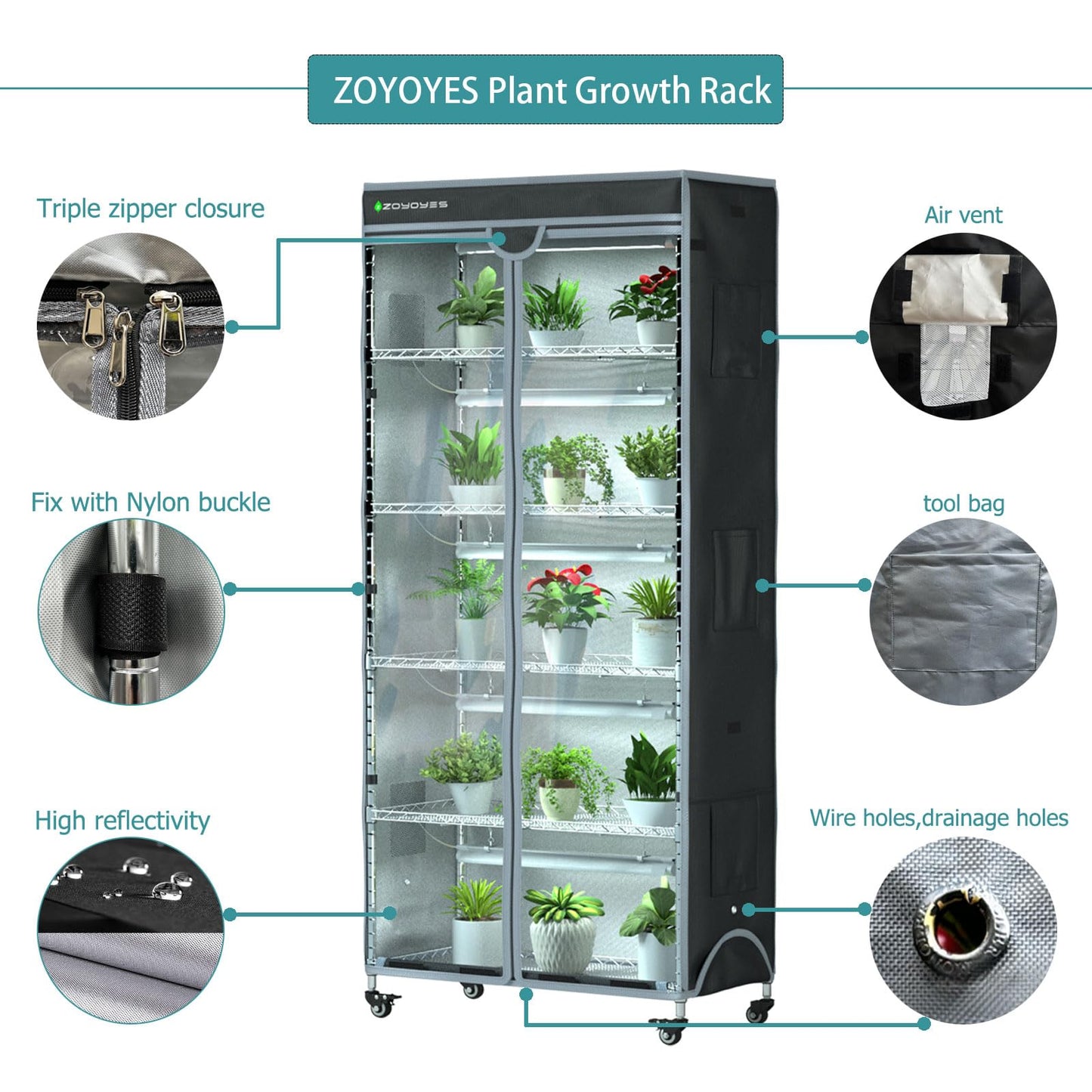 ZOYOYES Indoor Greenhouse 6-Tier Plant Rack with Cover & 5 T8 Grow Lights