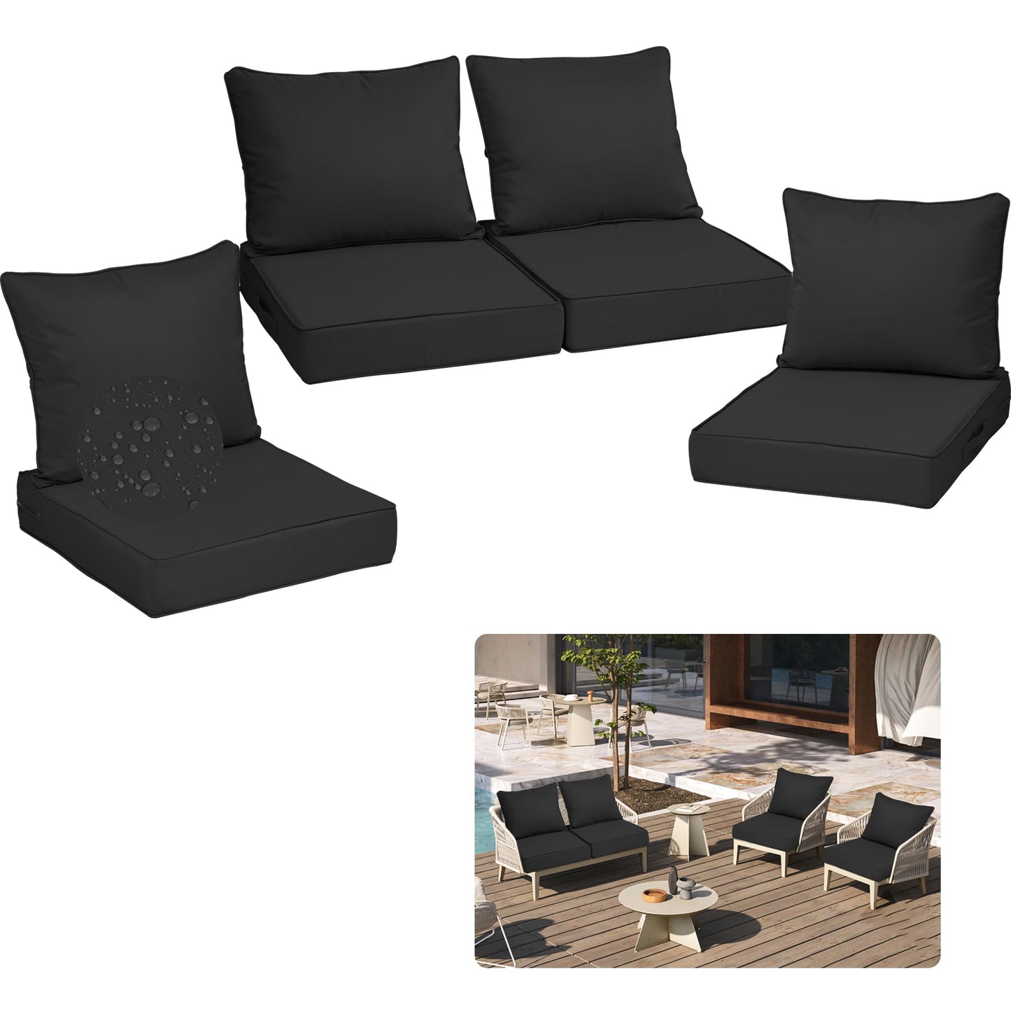PZDJUMO Outdoor Chair Cushion, 19 x 19 Inch Waterproof Deep Seat Patio Cushions Set of 4, Loveseat Cushions for Outdoor Furniture, 4'' Thick Patio Furniture Cushion with Handle Straps, Black