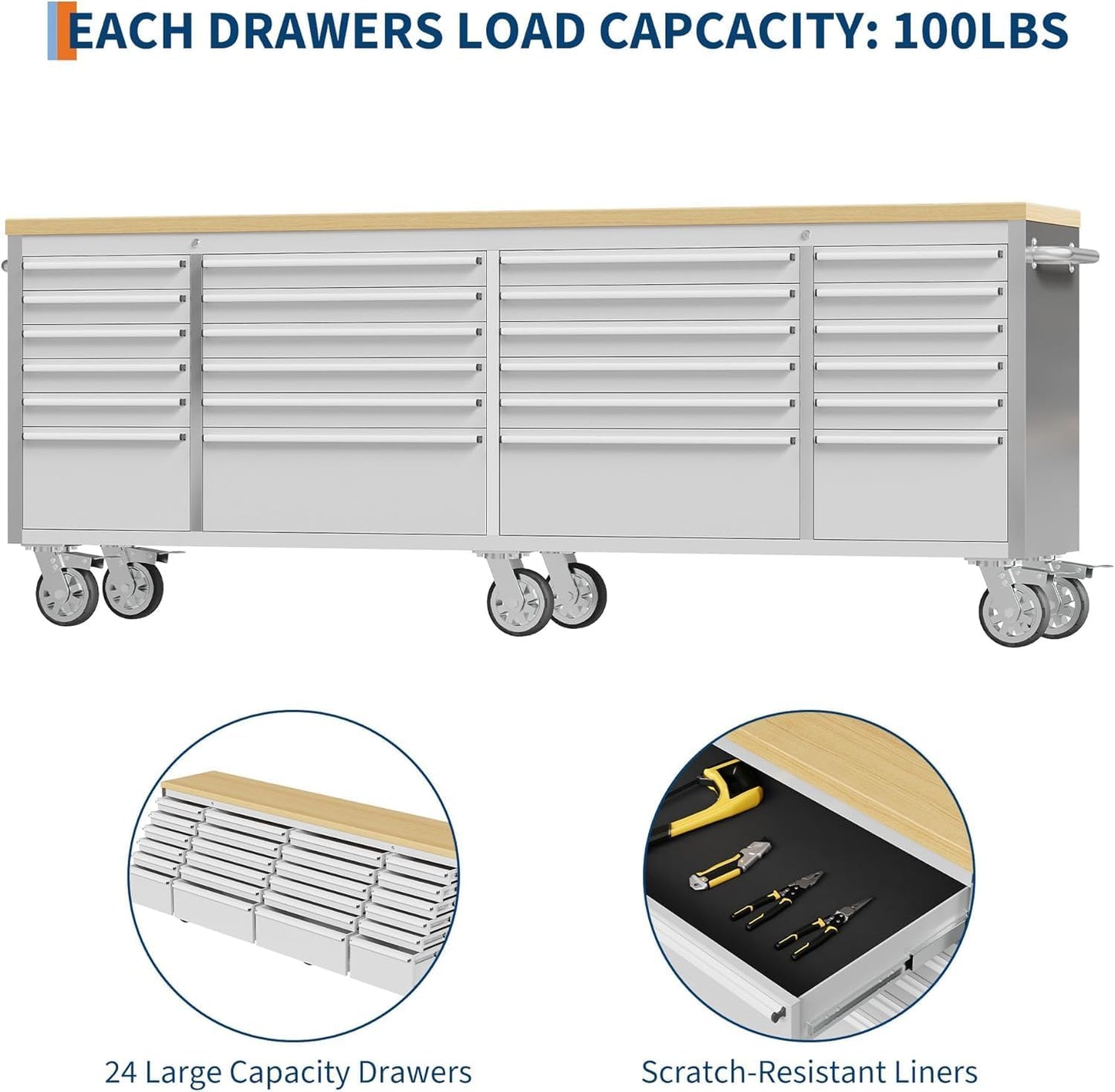 96 Inch Rolling Tool Chest with 24 Drawers, Rubber Wood Workbench Top, Anti-Fingerprint Steel, Lockable Wheels & Key Lock, Mobile Storage Cabinet Organizer for Garage & Workshop