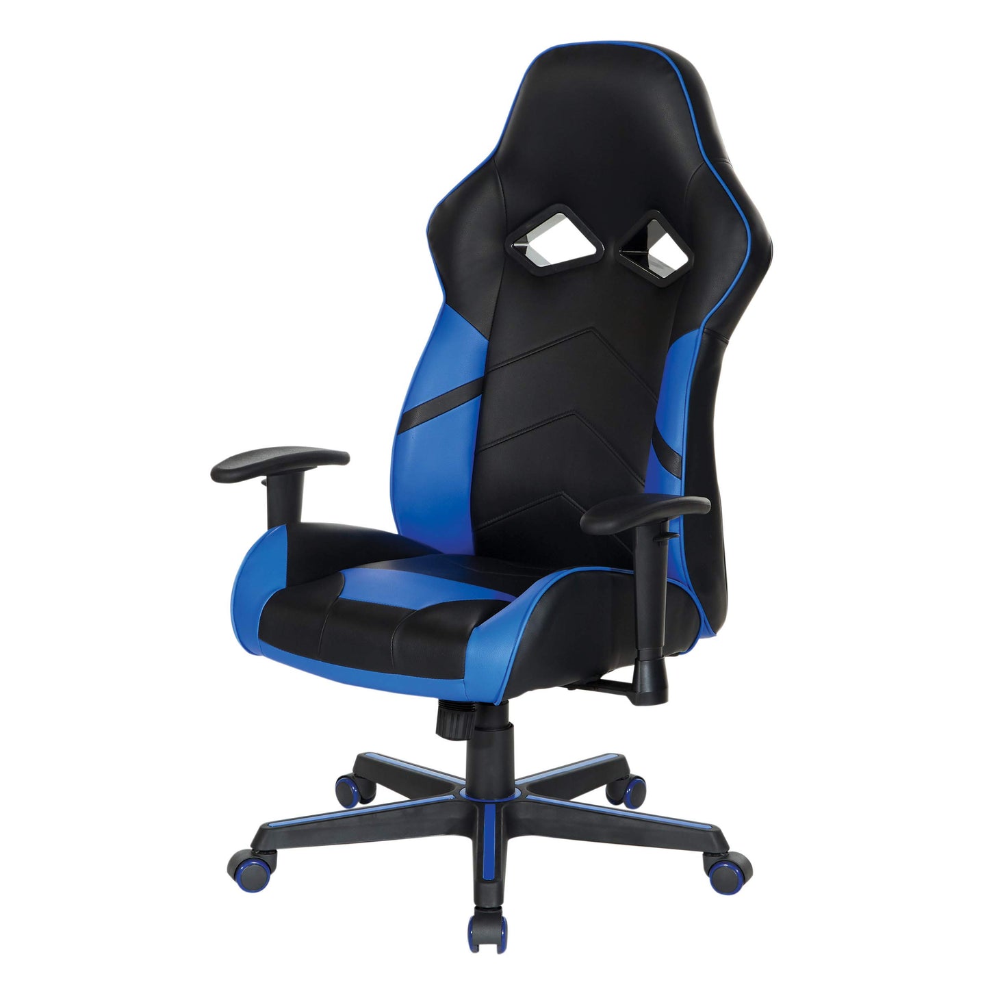 OSP Home Furnishings Vapor Ergonomic Adjustable High Back Faux Leather Gaming Chair with Coil Spring Seat and Integrated Cooling Airflow, Blue Accents