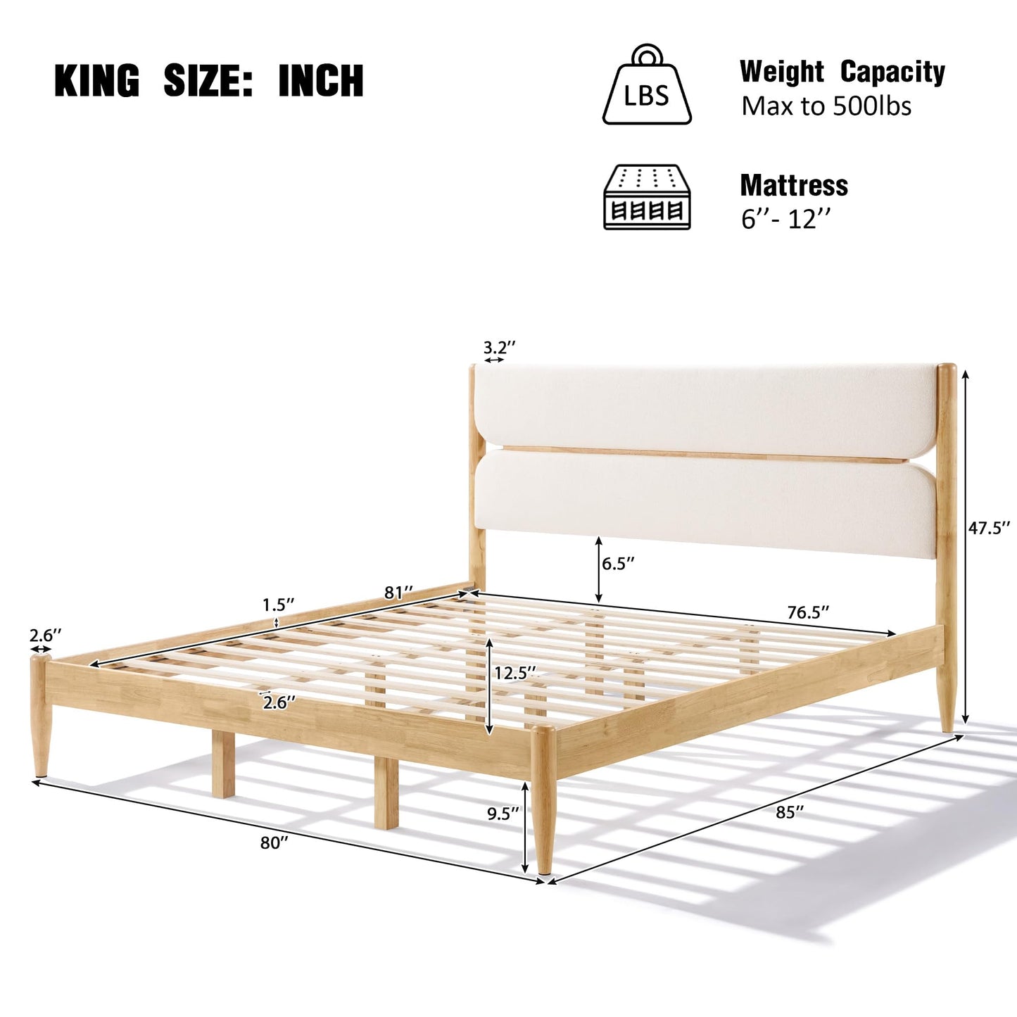Merax Solid Wood Bed Frame King Size with Fleece Sponge Upholstered Headboard, Solid Rubber Wood Frame, Elegant King Platform Bed, Ample Underbed Storage Space, Bear 800lbs, Ivory