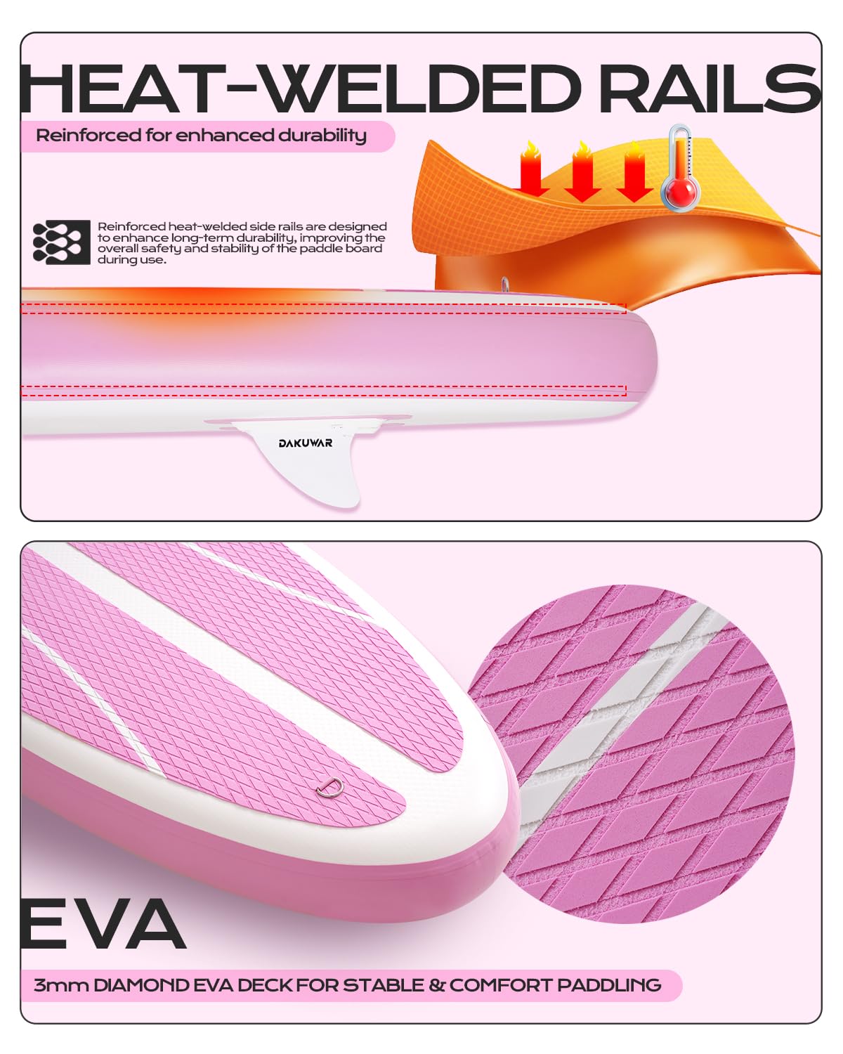 DAKUWAR Inflatable Paddle Board 10'x31.5''x6'' Folding Stand up Paddle Boards with SUP Accessories Valve Adaptor/2 fins/SUP Backpack/Ankle Leash/Repair Kit (Pink and White)