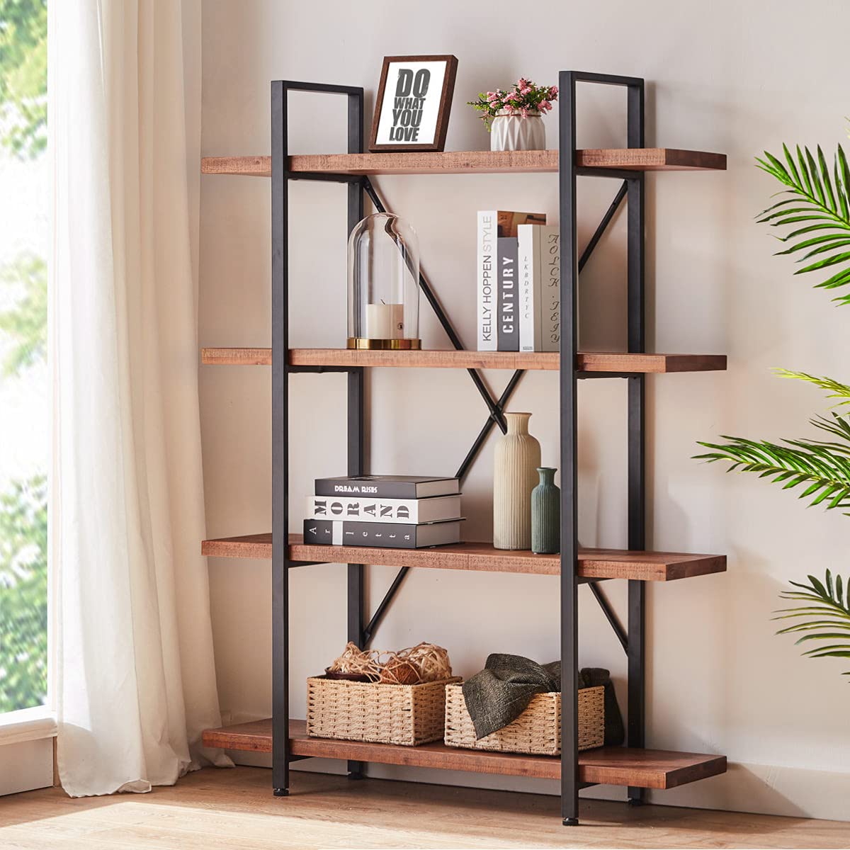 HSH Industrial 4 Tier Solid Wood Bookcase, Real Natural 4 Shelf Rustic Wooden and Metal Bookshelf, Farmhouse Open Vintage Etagere Book Shelf for Office Living Room Bedroom Storage, Distressed Brown
