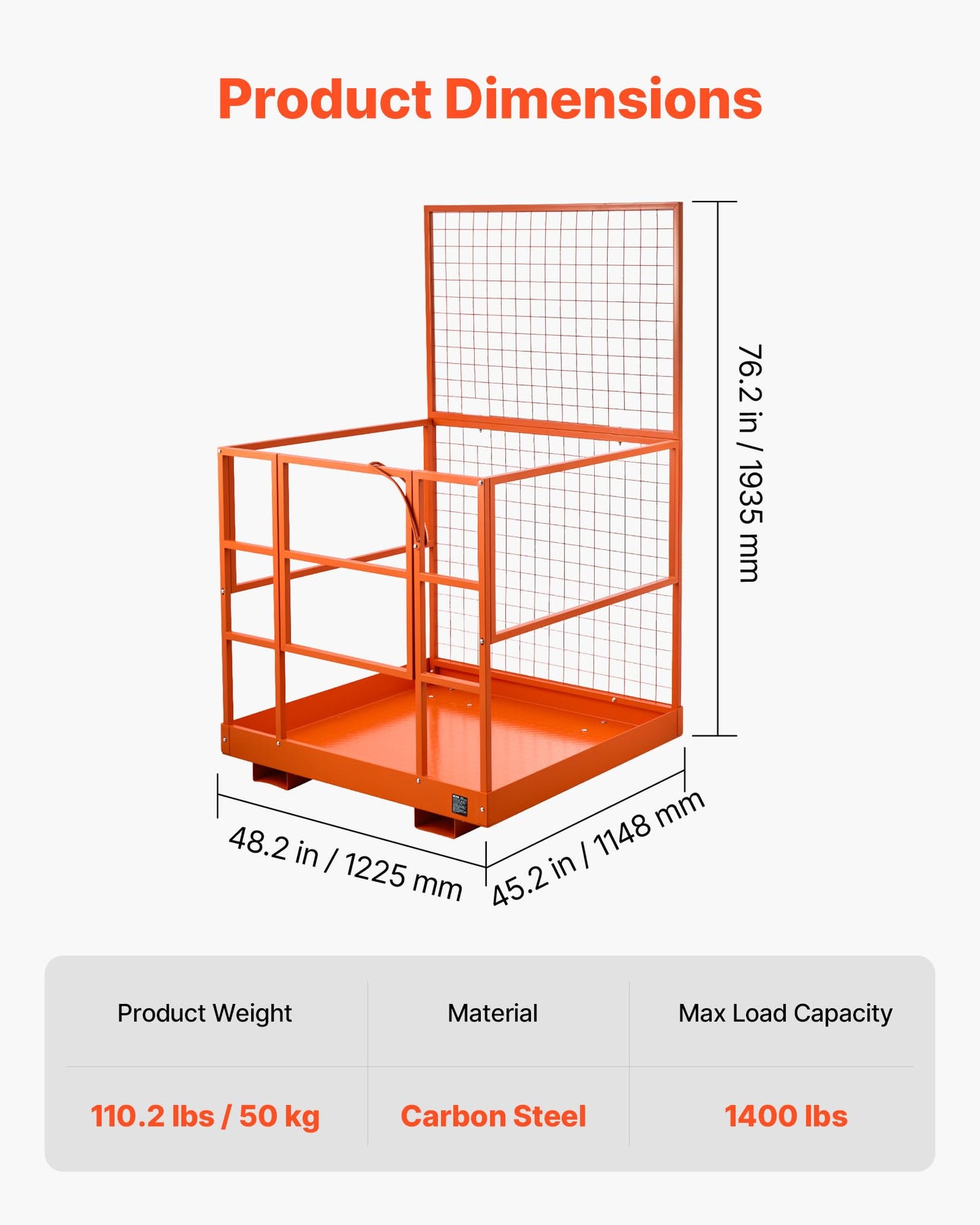 VEVOR Forklift Safety Cage, 48.2 x 45.2 Inch Heavy Duty Forklift Man Basket, 1400 lbs Capacity Collapsible Work Platform Lift Basket with Safety Harness & Lock, for Most Aerial Jobs Lifting Loader