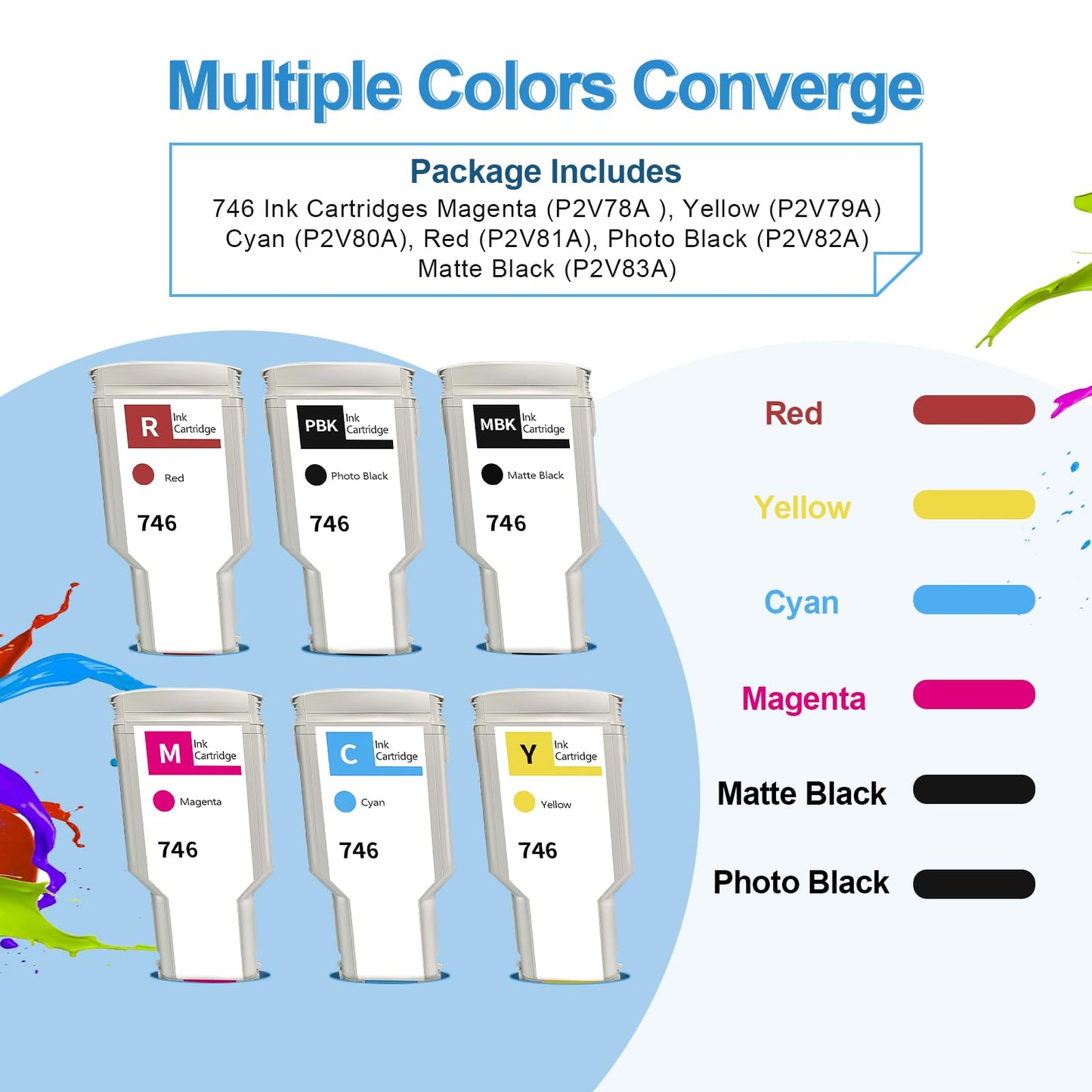 746XL Ink Cartridges 6P Replacement for HP 746 PBK, MBK, C, M, Y, R (P2V78A P2V79A P2V80A P2V81A P2V82A P2V83A) Ink Cartridges Work for DesignJet Z6 & Z9+ Large Format Printers (300ML, 6-Pack)