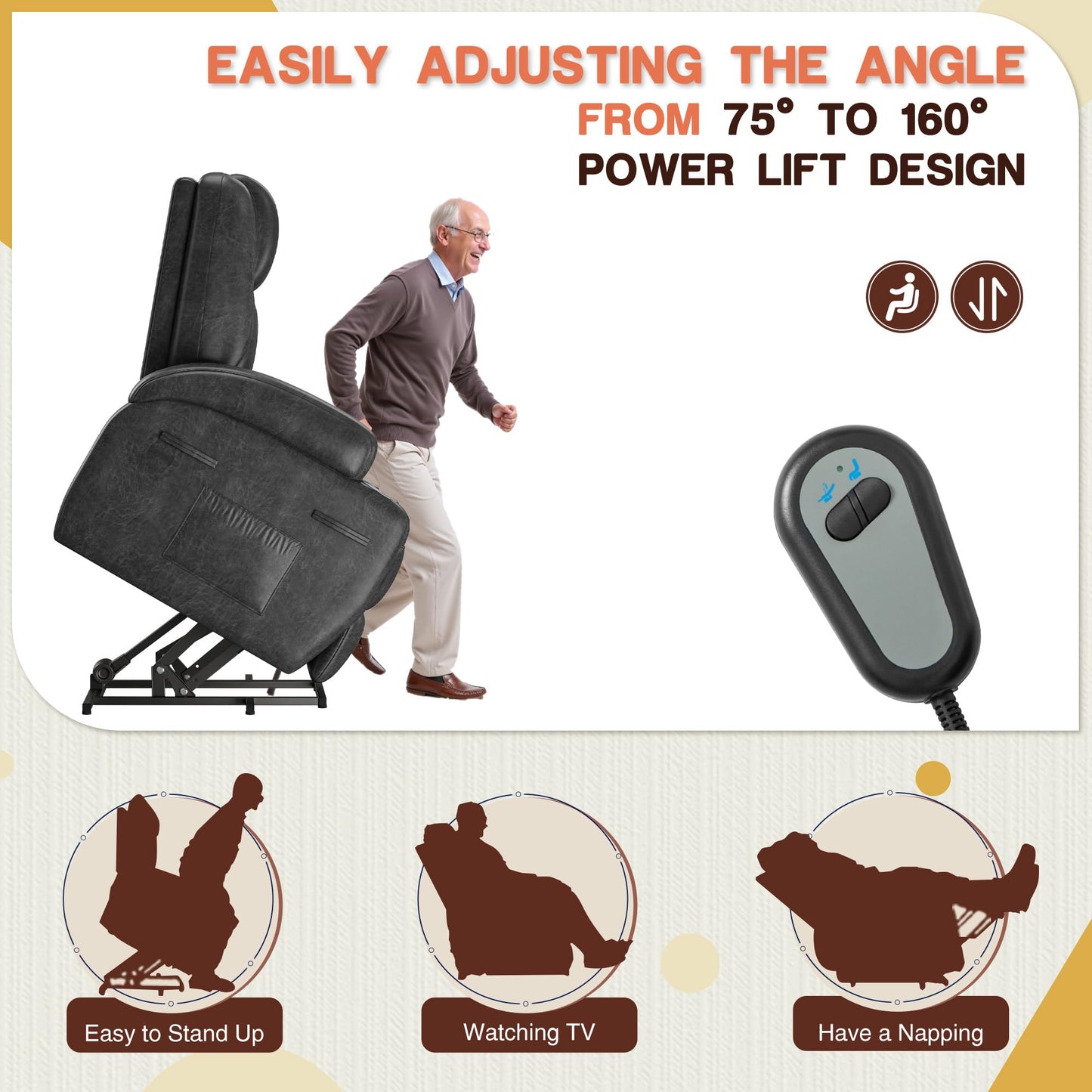 Electric Power Lift Recliner Chair with Massage for Elderly Corduroy Fabric Recliner Single Sofa with Cup Holders, Side Pockets and Remote Control for Living Room Bedroom (Leathaire, Dark Gray)