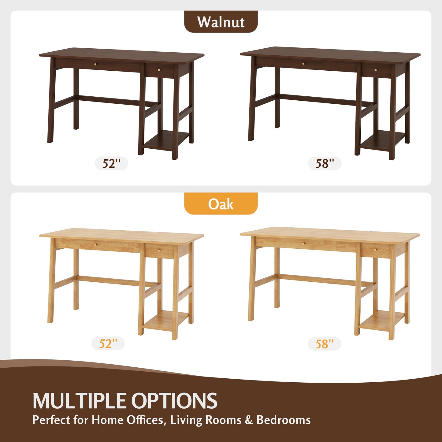 NELYE Solid Wood Desk with Drawer - 52 Inch Modern Writing and Computing Workstation for Home Office in Walnut