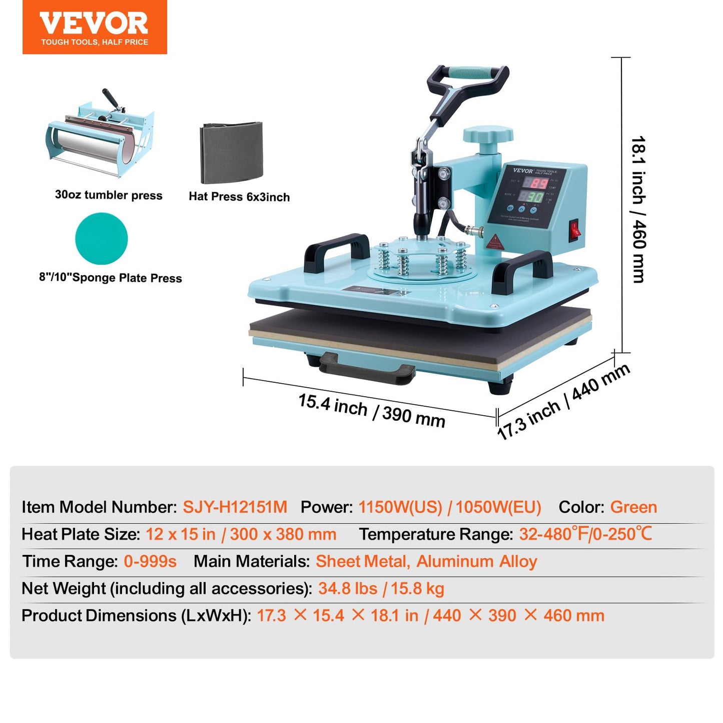 VEVOR Heat Press Machine, 12 x 15 inch, 5 in 1 Heat Transfer Machine with 30 oz Tumbler Press, 360° Swing Away T-Shirt Pressing, Digital Precise Control, for T-Shirts/Mugs/Hats/Plates, Green