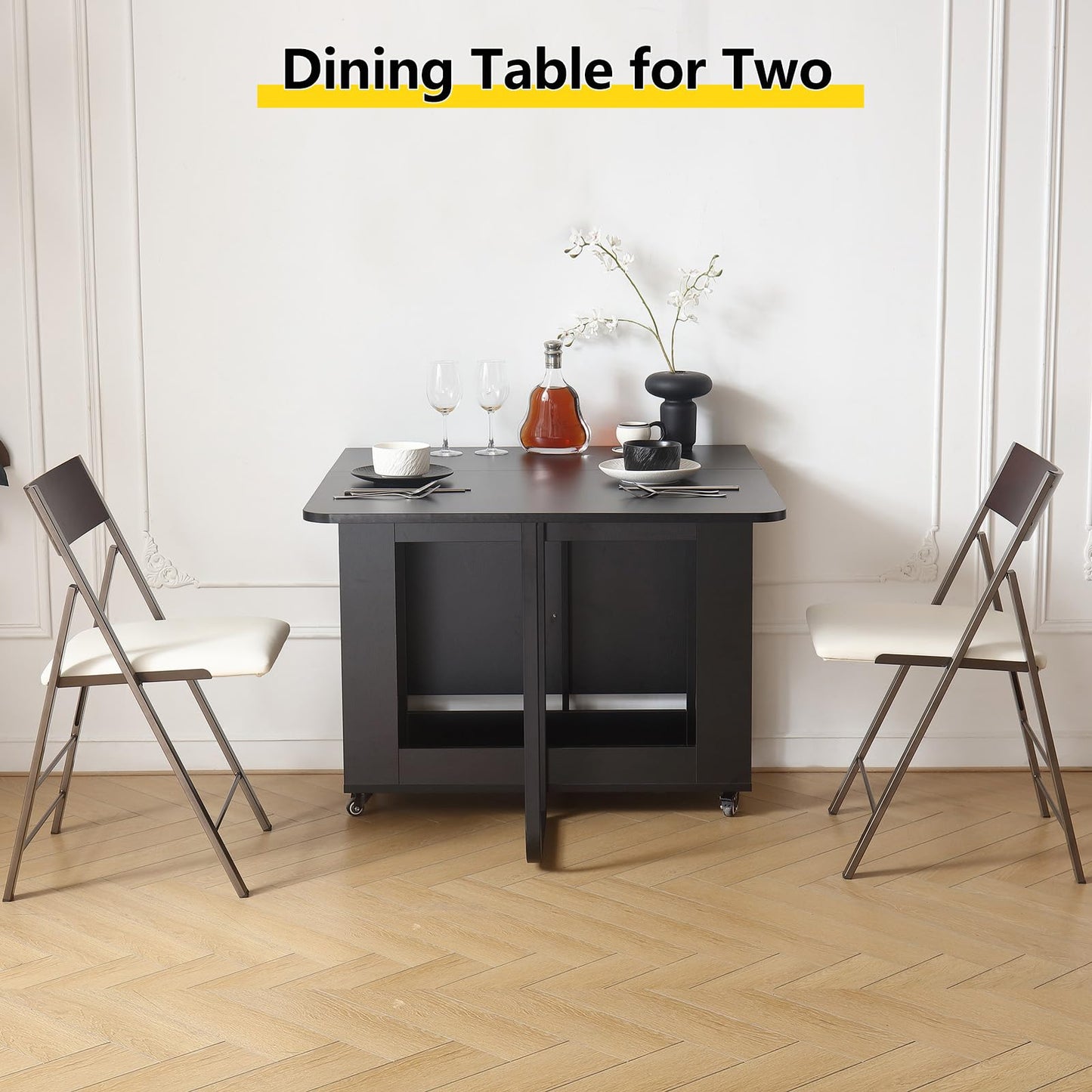 VASTATIO Folding Dining Room Table with Two Drawers for 4/6 with Space Saving Drop Leaf Table,Lockable Wheels & Storage, Heavy Duty Plywood Top 300lb, Convertible Desk for Apartments/RV/Home Office